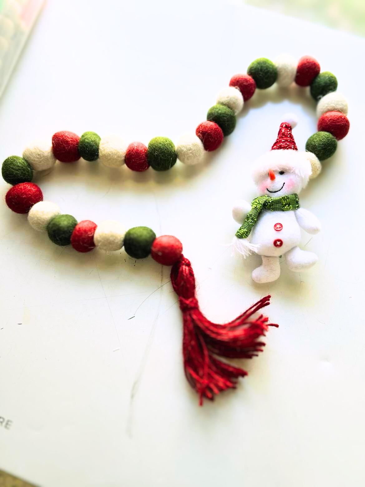 Felt Ball Snowman Garland  Red, Green & White Christmas Decor