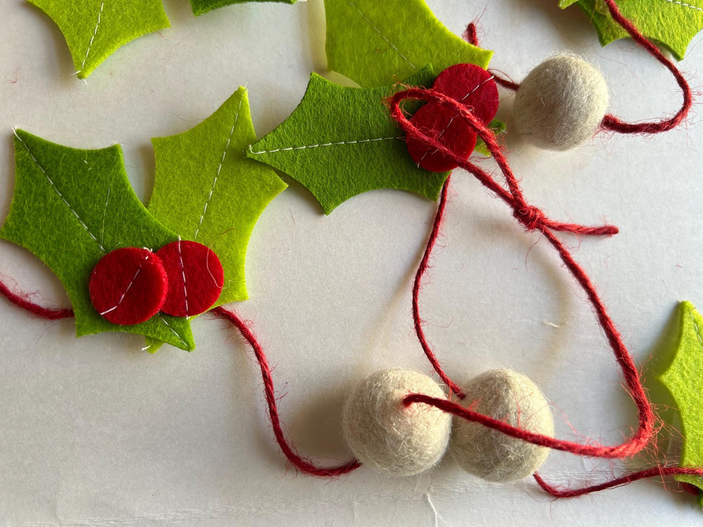 Felt Holly Garland 70  Red & Green Christmas Garland  Handmade Holiday Mantel Decor