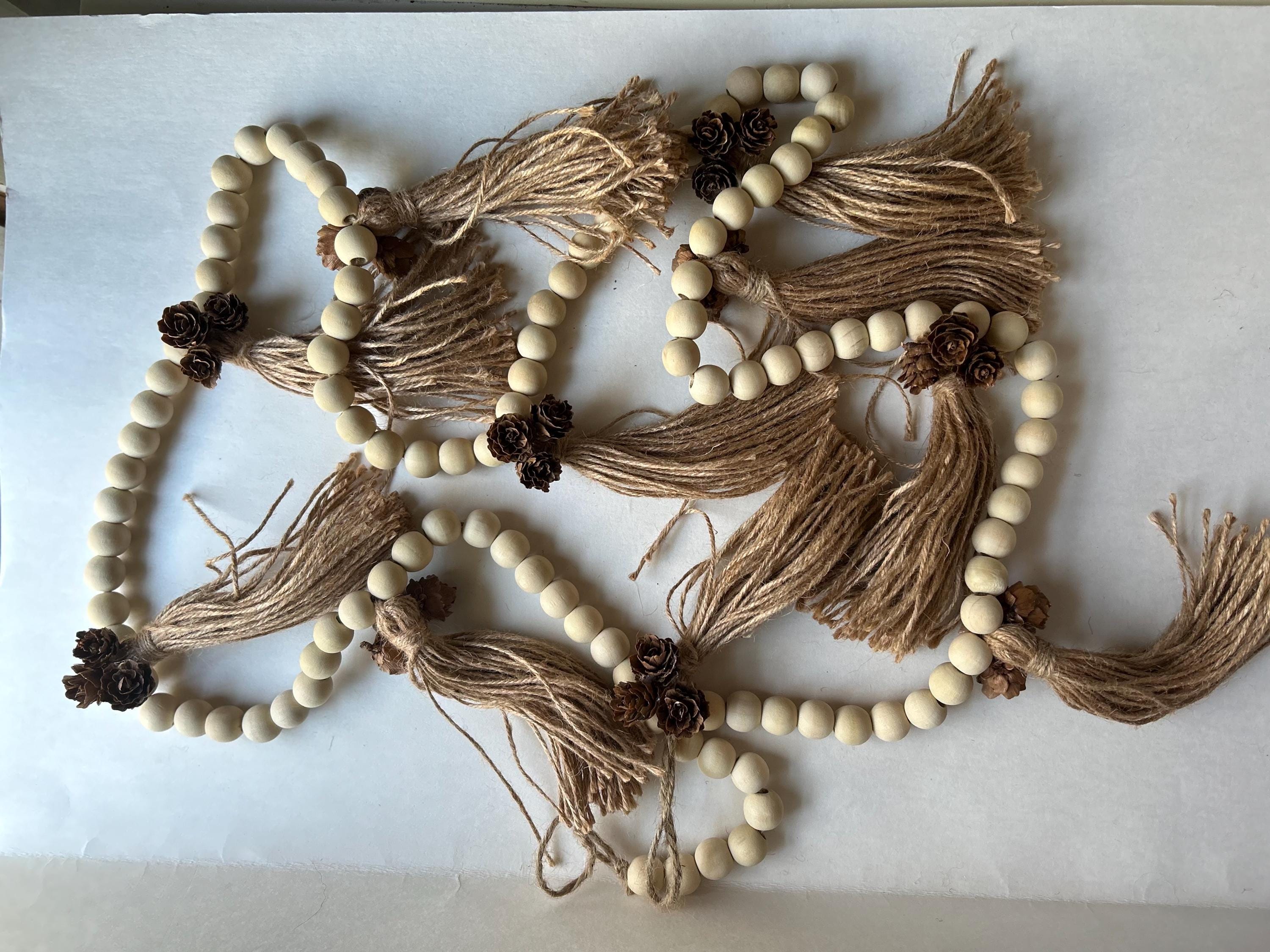 Garland Wood Bead, Christmas Garland, Swag, Christmas Decor, Fireplace Garland, Pinecone, Ornament, Farmhouse, Toadstool, Rustic, Tassels,