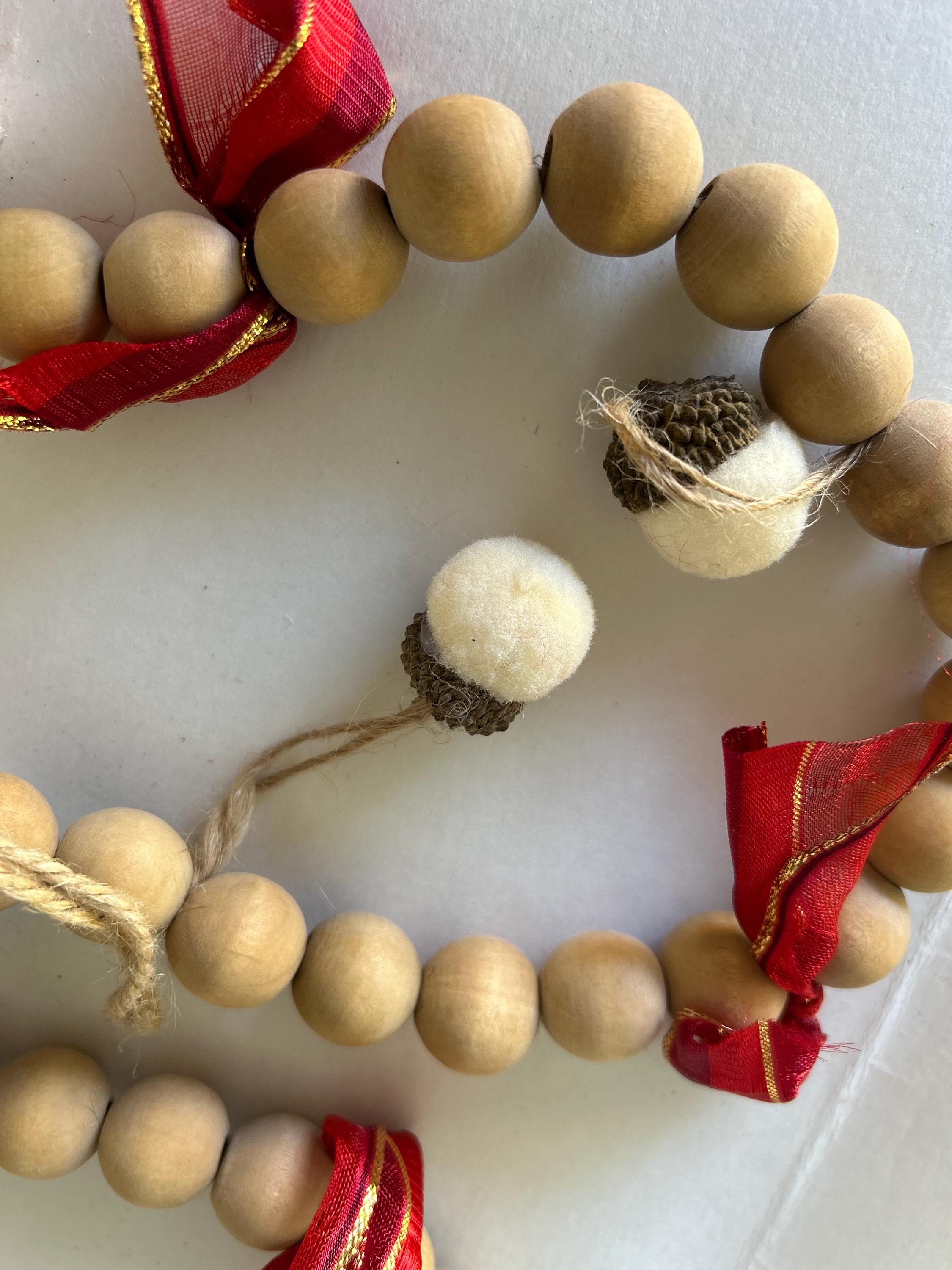 Garland Wood Bead, Acorns, Ribbon, Christmas Ornament Garland, Swag, Christmas Decor, Mantle Garland, Ornament, Farmhouse, Woodland, Rustic