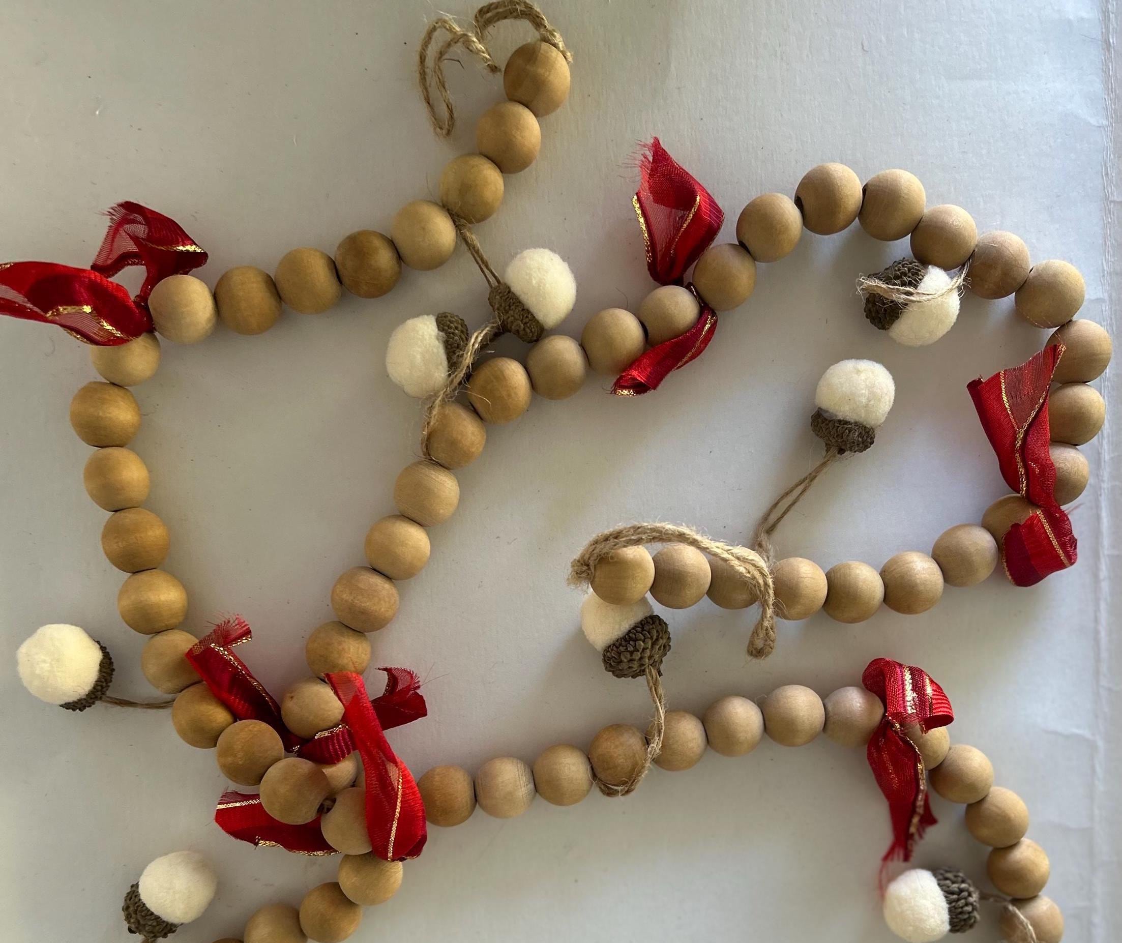 Garland Wood Bead, Acorns, Ribbon, Christmas Ornament Garland, Swag, Christmas Decor, Mantle Garland, Ornament, Farmhouse, Woodland, Rustic