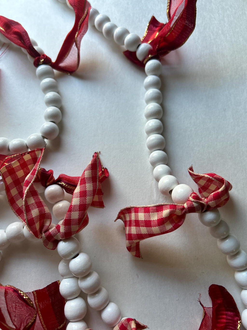 Garland White Bead, Valentine Garland, Swag, Valentine Decor, Mantle Garland, Ribbon, Bows, Wood Beads, Ornament, Farmhouse, Rustic, Boho