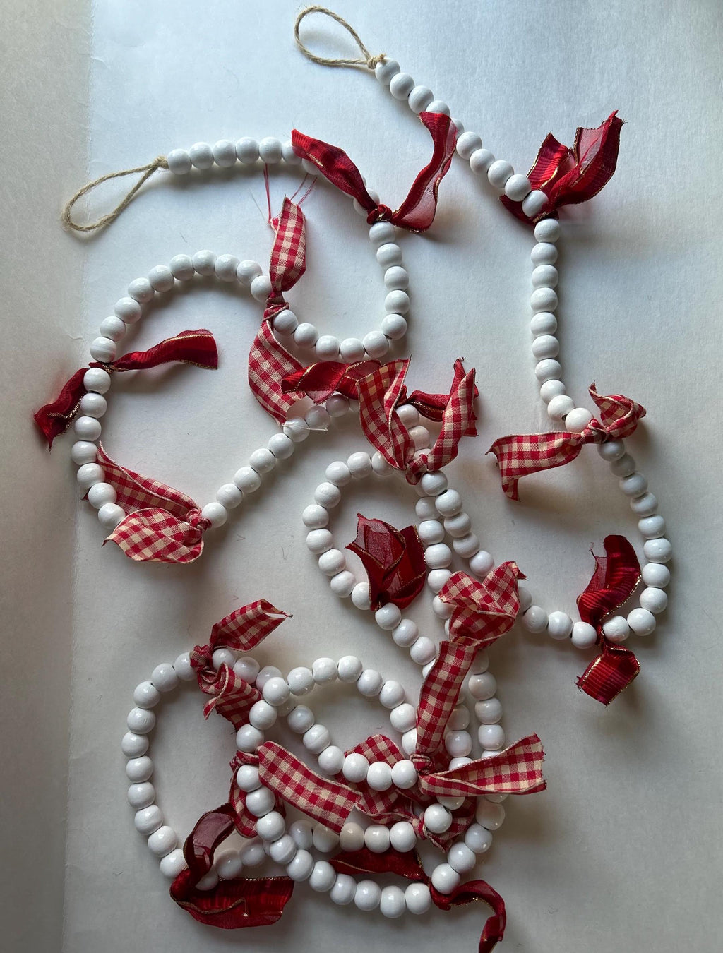 Garland White Bead, Valentine Garland, Swag, Valentine Decor, Mantle Garland, Ribbon, Bows, Wood Beads, Ornament, Farmhouse, Rustic, Boho