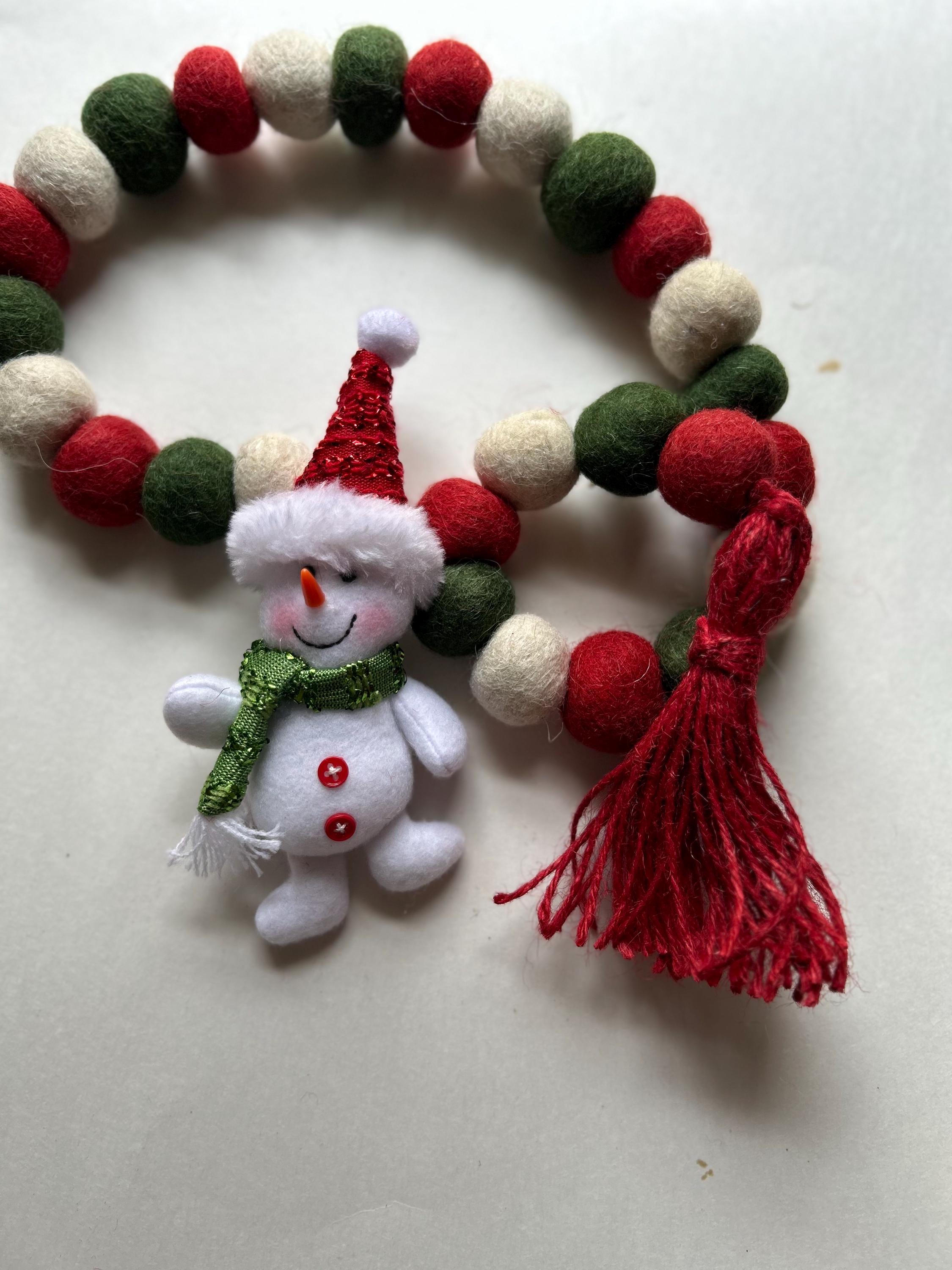 Felt Ball Snowman Garland  Red, Green & White Christmas Decor