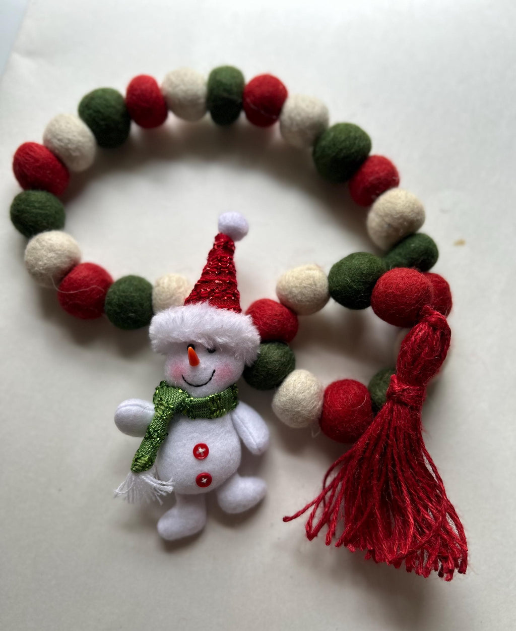 Felt Ball Snowman Garland  Red, Green & White Christmas Decor