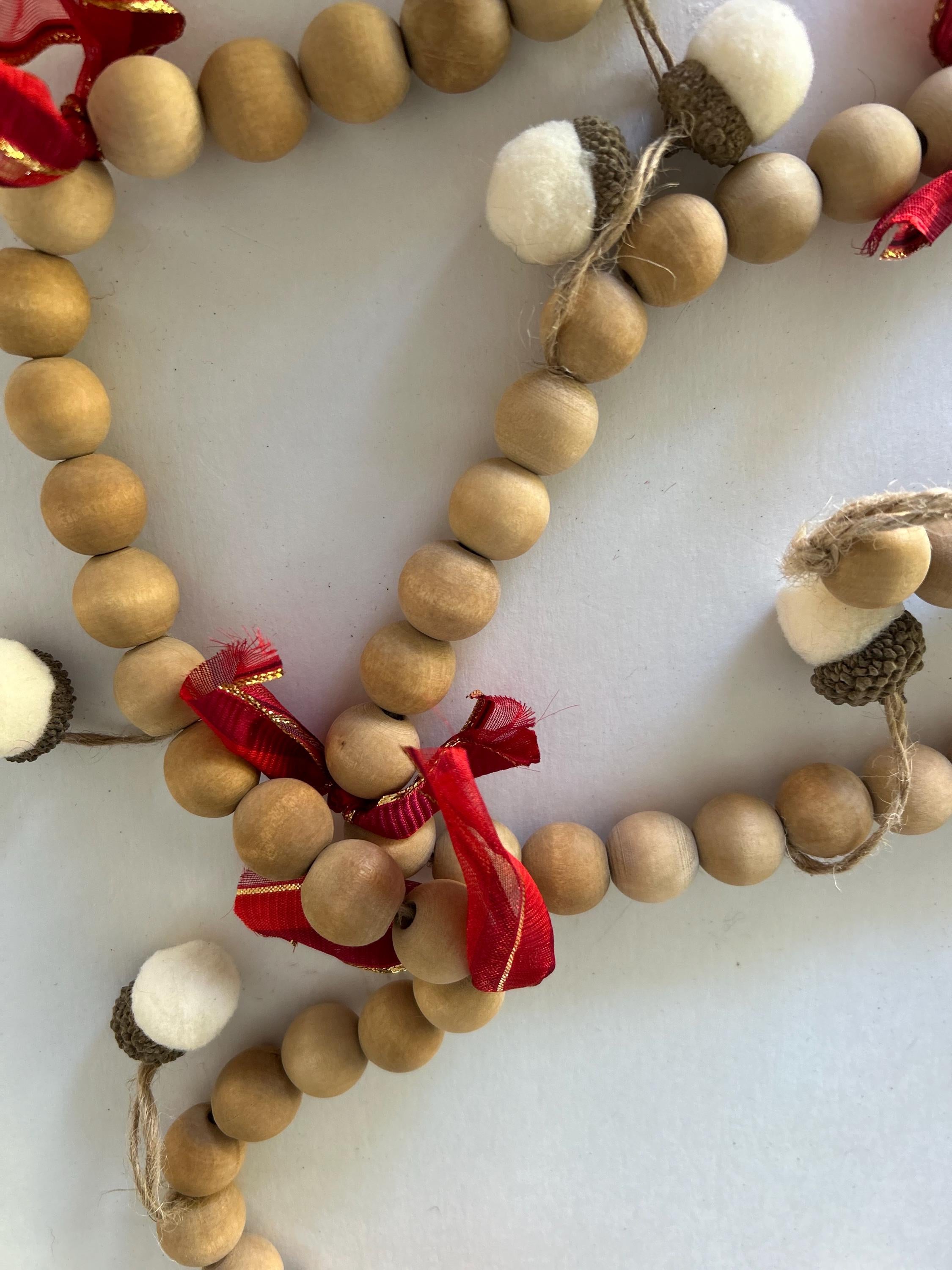 Garland Wood Bead, Acorns, Ribbon, Christmas Ornament Garland, Swag, Christmas Decor, Mantle Garland, Ornament, Farmhouse, Woodland, Rustic