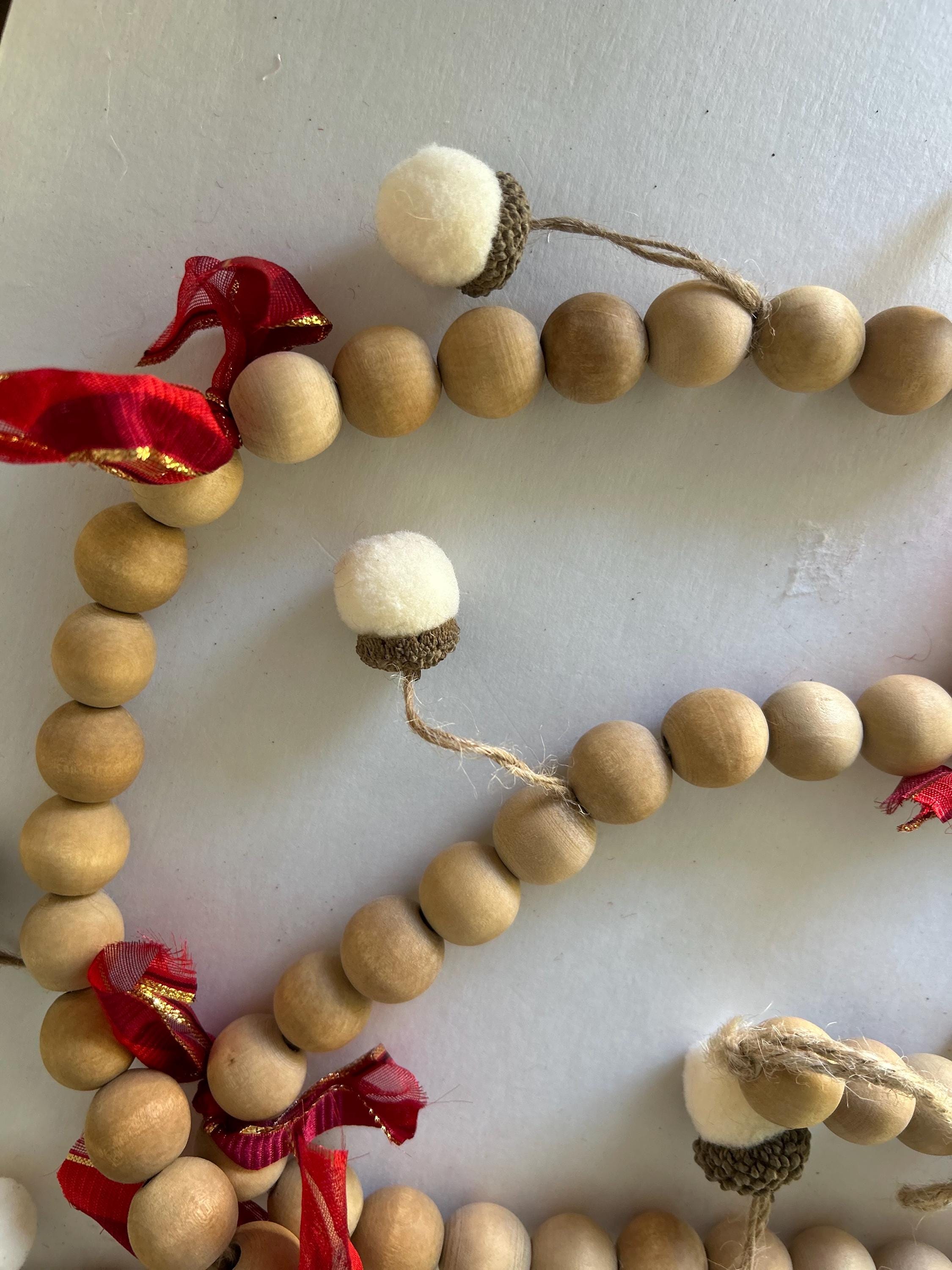 Garland Wood Bead, Acorns, Ribbon, Christmas Ornament Garland, Swag, Christmas Decor, Mantle Garland, Ornament, Farmhouse, Woodland, Rustic