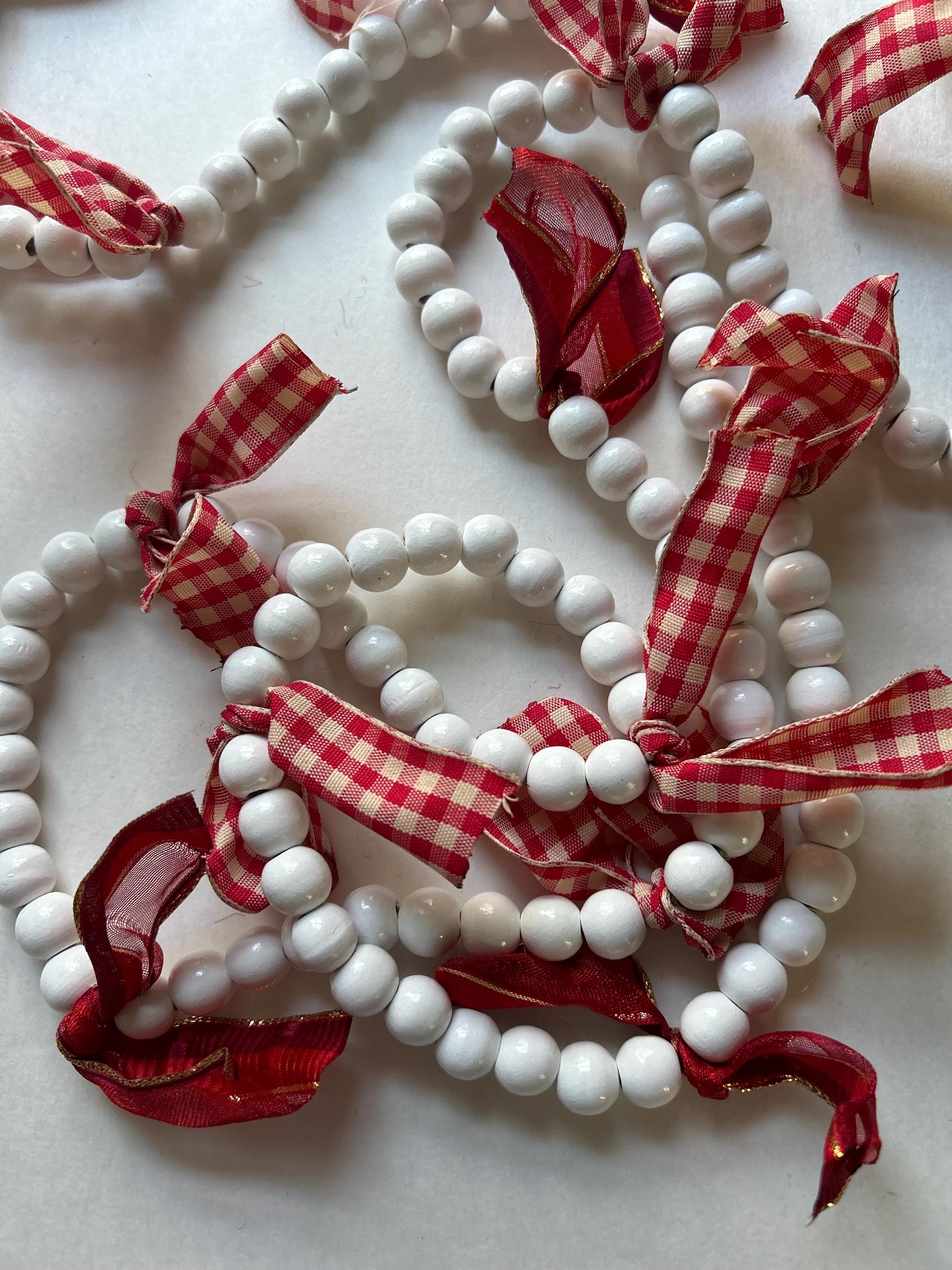 Garland White Bead, Valentine Garland, Swag, Valentine Decor, Mantle Garland, Ribbon, Bows, Wood Beads, Ornament, Farmhouse, Rustic, Boho