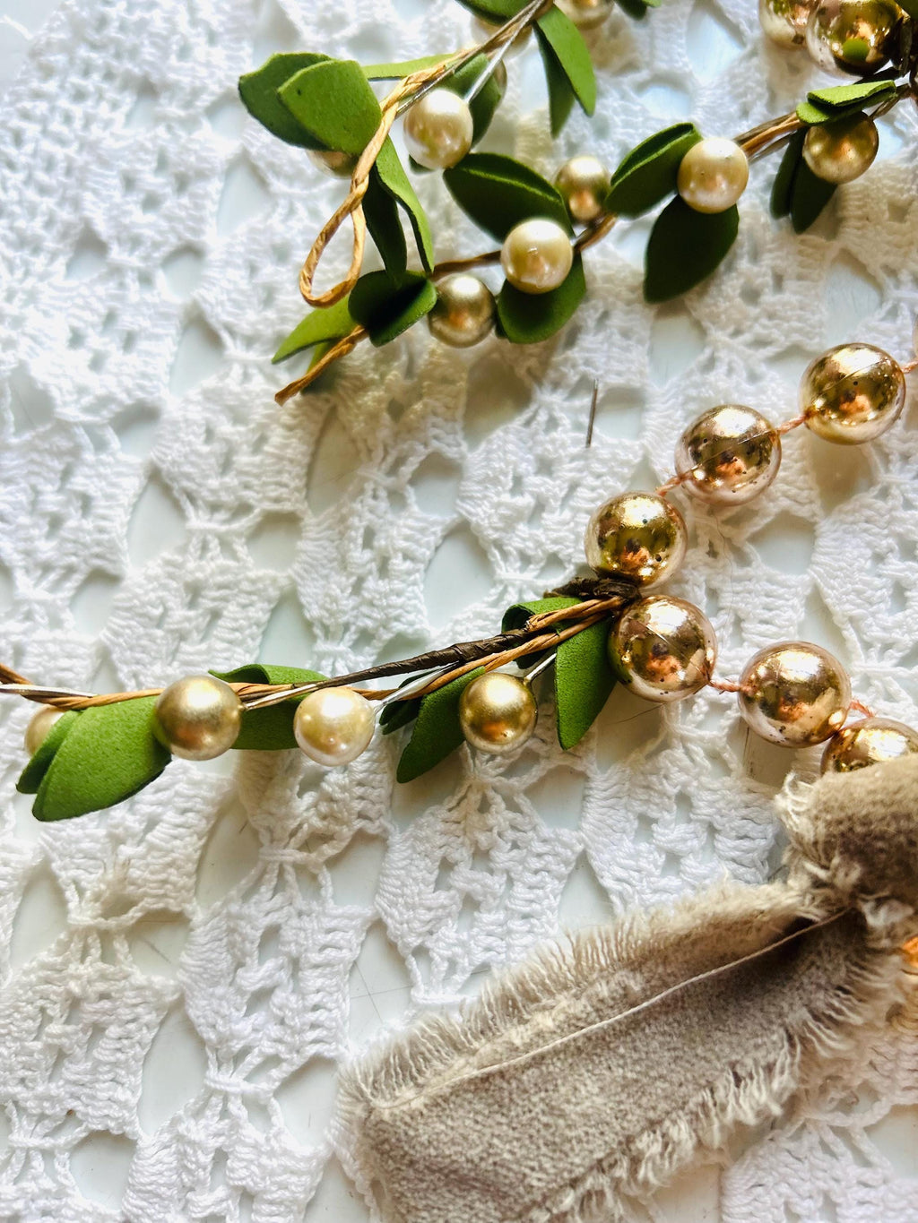 Blush Pink Beaded Garland, Gold Berries, Felt Leaf Christmas Decor (80 inch)