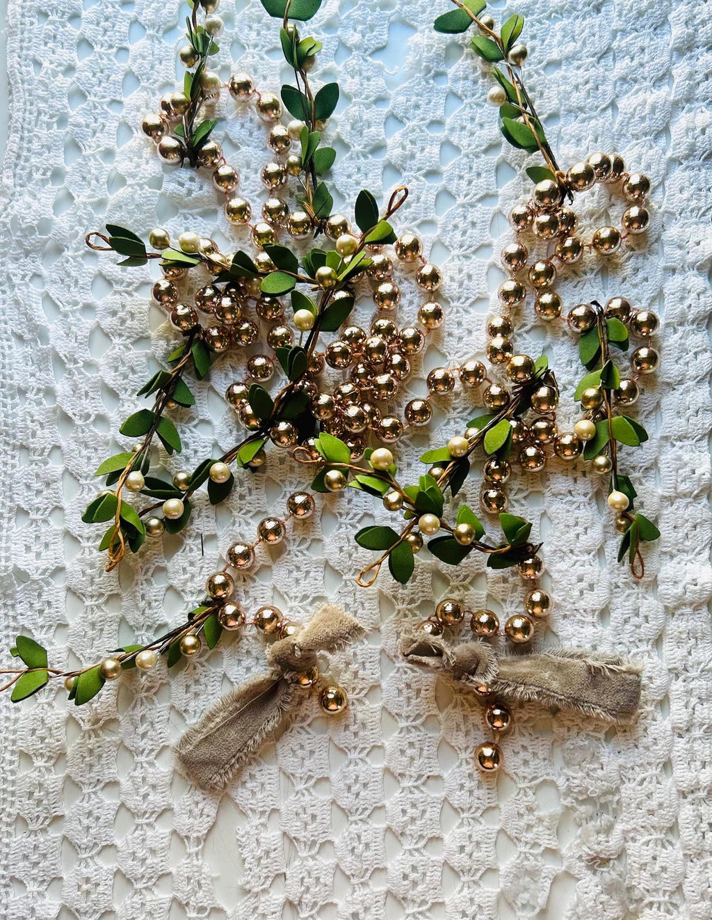 Blush Pink Beaded Garland, Gold Berries, Felt Leaf Christmas Decor (80 inch)