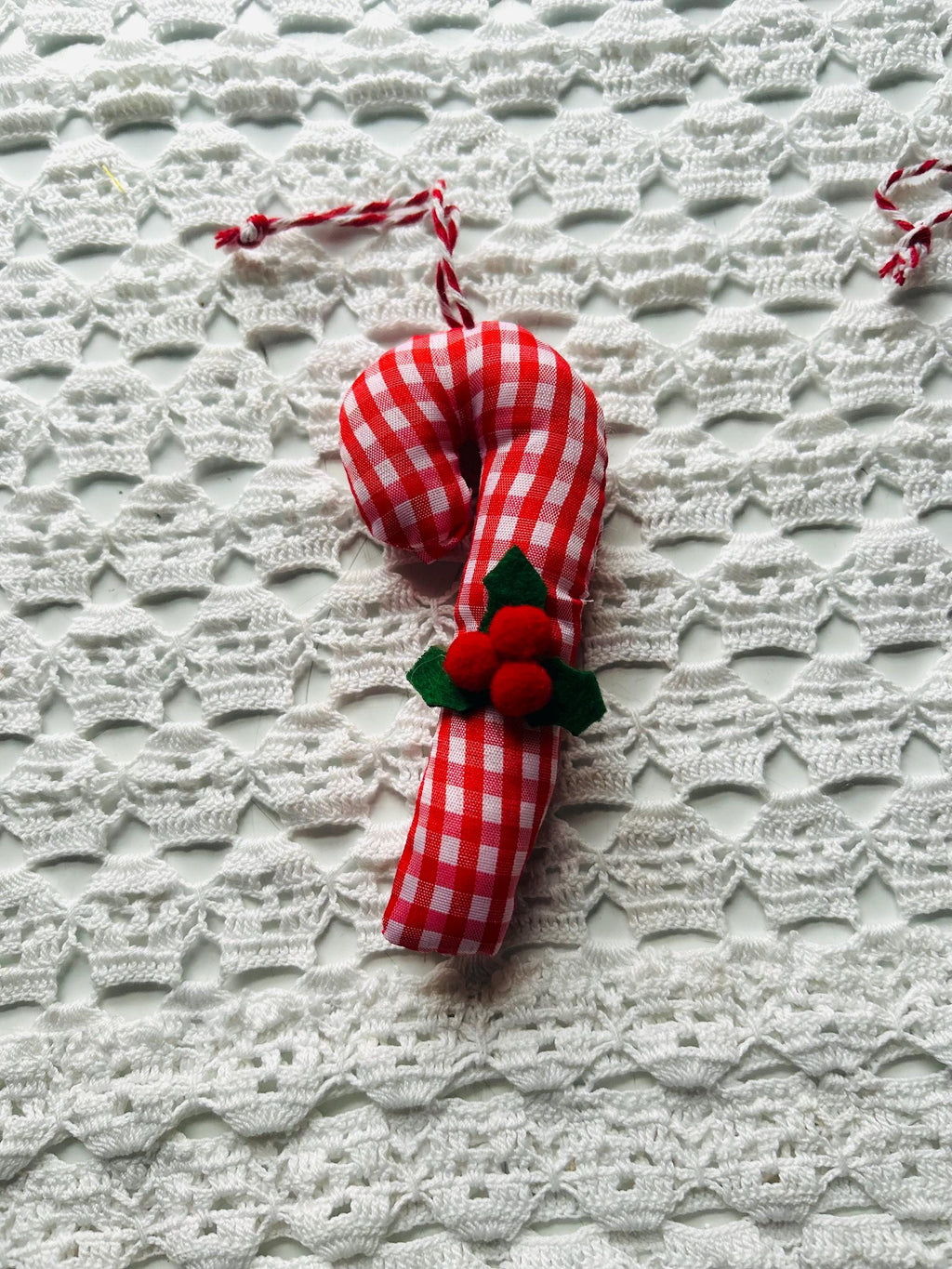 Candy Cane Ornaments  Set of 4 | Handmade Fabric Ornaments with Holly | Rustic Farmhouse Christmas Tree Décor | Holiday Gift