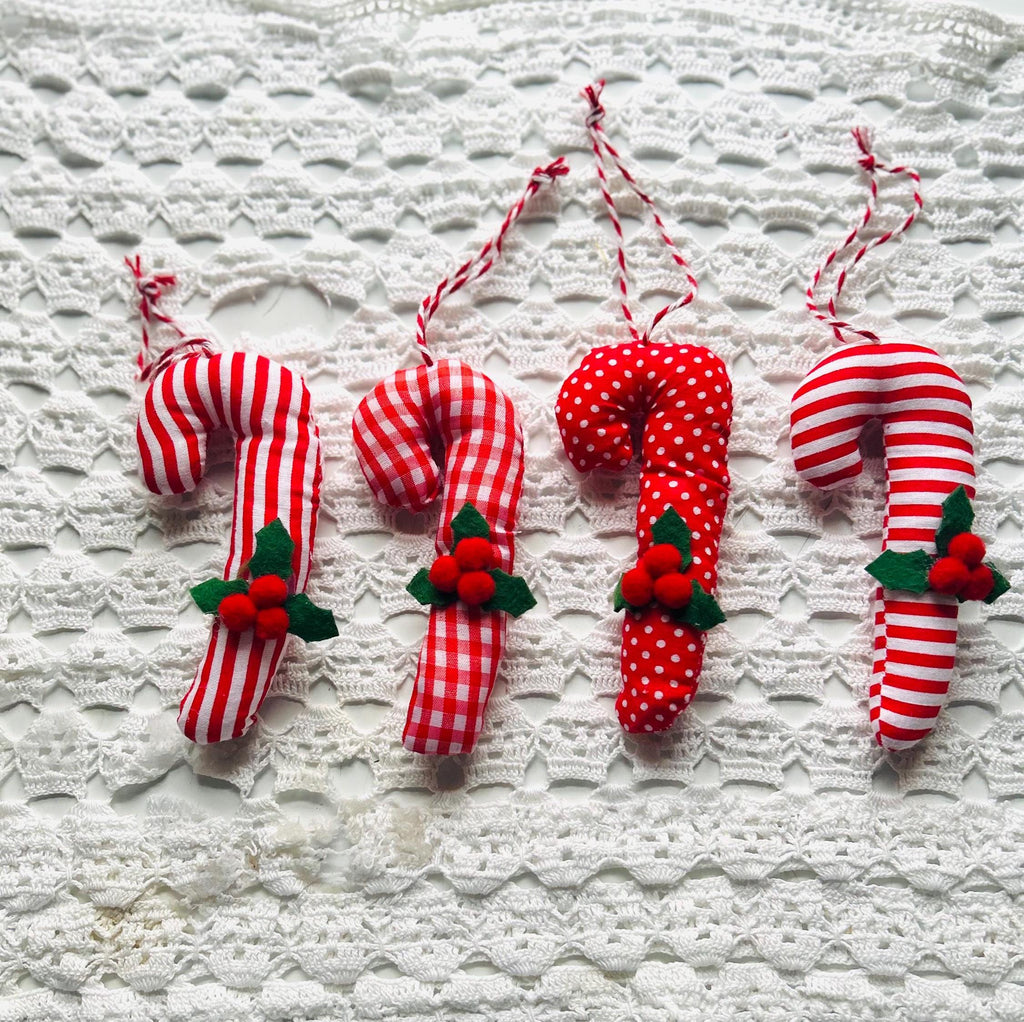 Candy Cane Ornaments  Set of 4 | Handmade Fabric Ornaments with Holly | Rustic Farmhouse Christmas Tree Décor | Holiday Gift