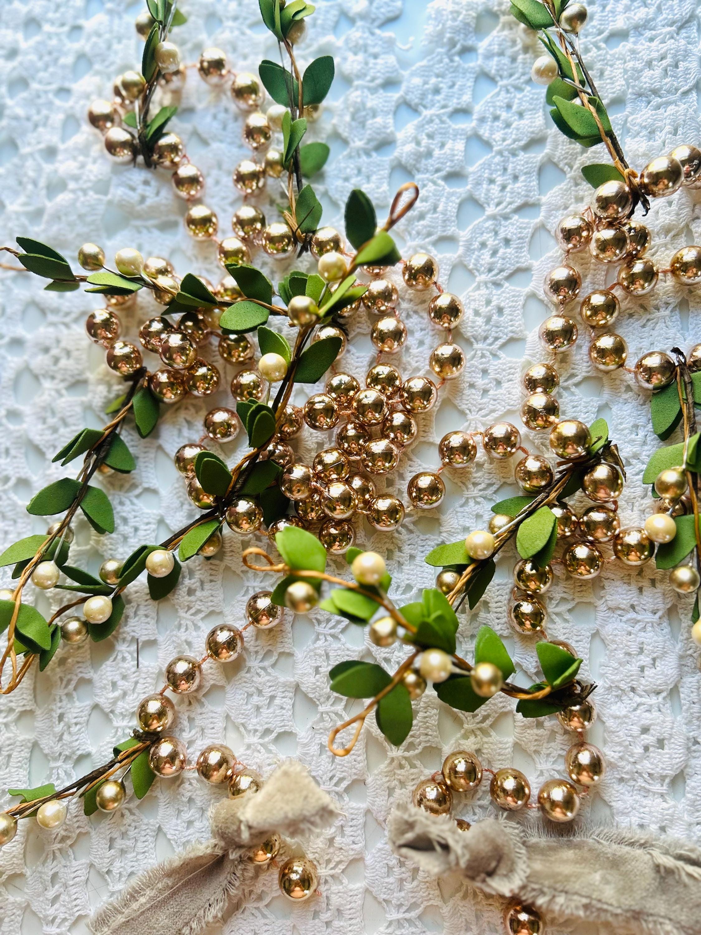 Blush Pink Beaded Garland, Gold Berries, Felt Leaf Christmas Decor (80 inch)