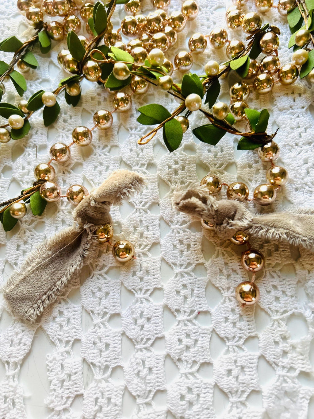 Blush Pink Beaded Garland, Gold Berries, Felt Leaf Christmas Decor (80 inch)