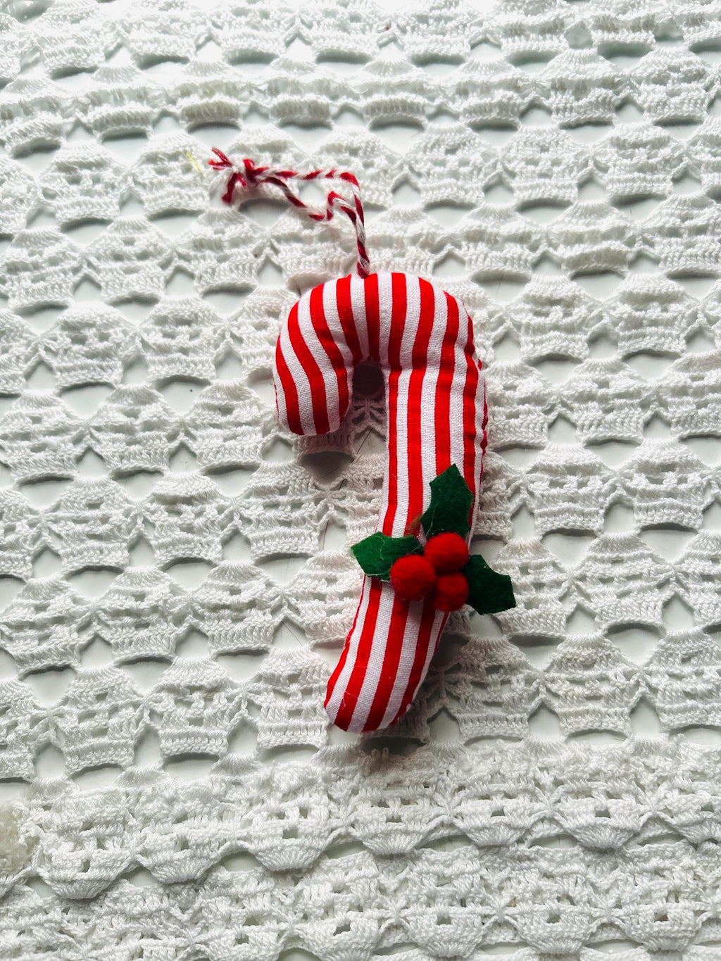 Candy Cane Ornaments  Set of 4 | Handmade Fabric Ornaments with Holly | Rustic Farmhouse Christmas Tree Décor | Holiday Gift