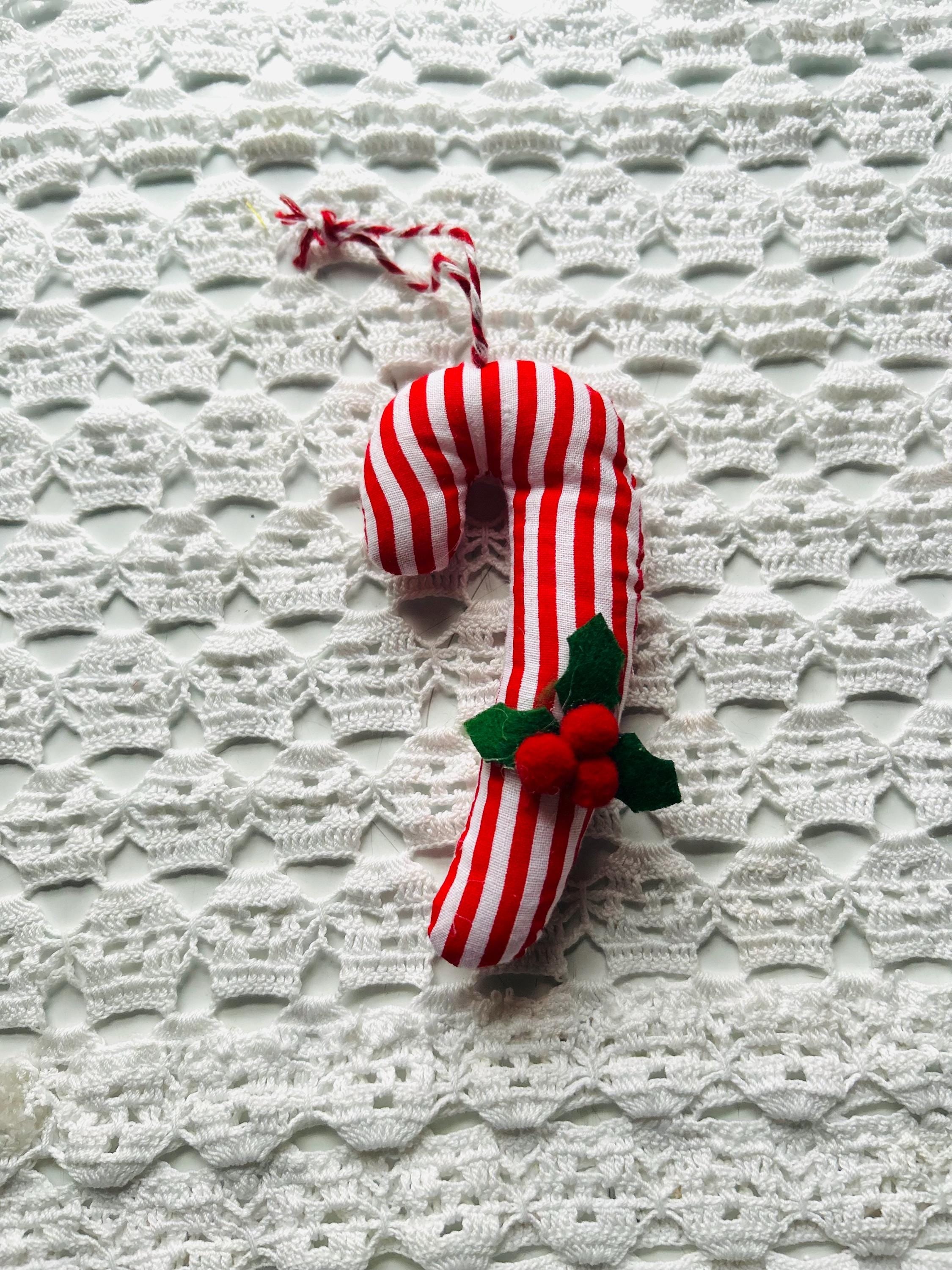 Candy Cane Ornaments  Set of 4 | Handmade Fabric Ornaments with Holly | Rustic Farmhouse Christmas Tree Décor | Holiday Gift
