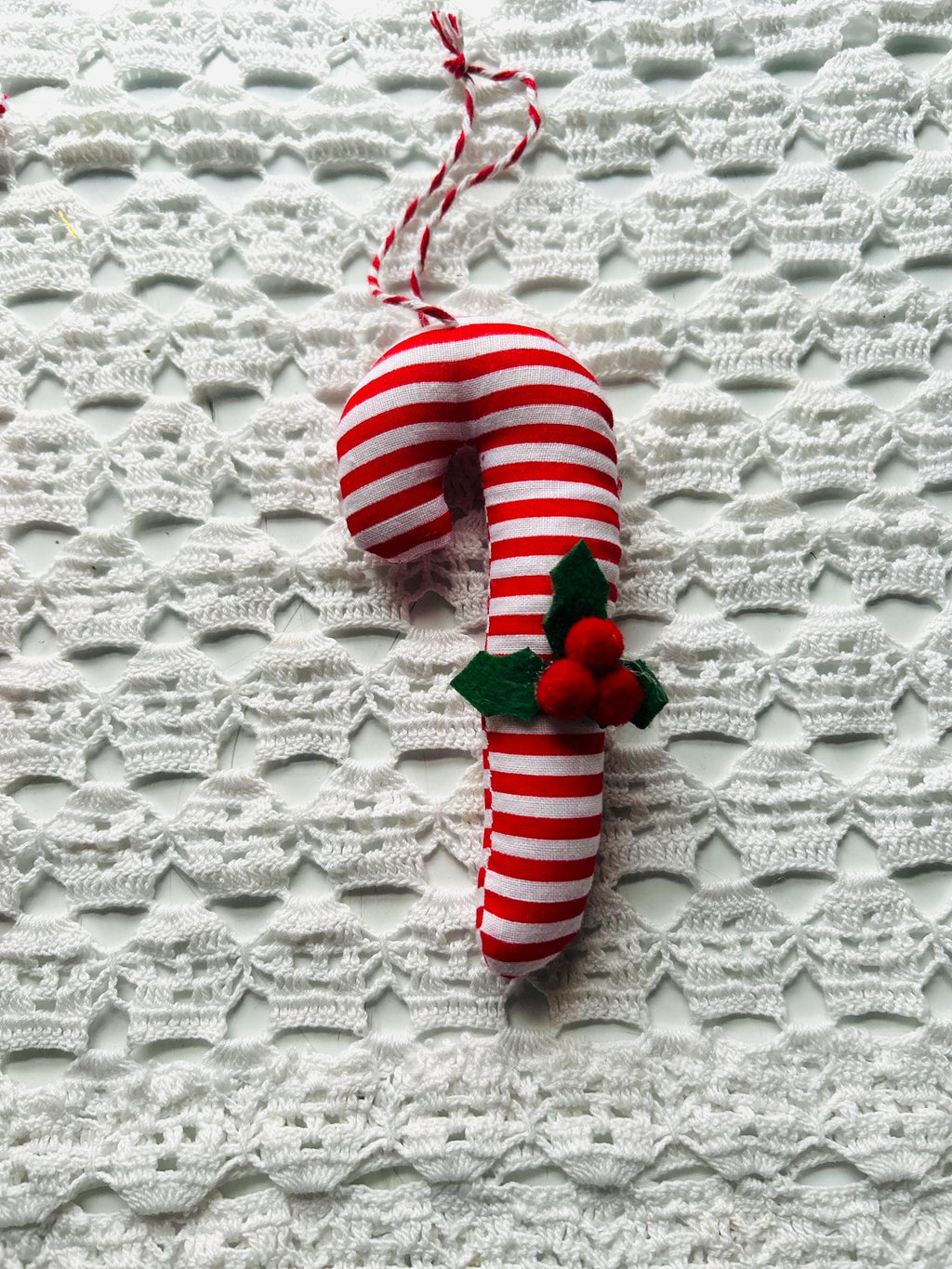 Candy Cane Ornaments  Set of 4 | Handmade Fabric Ornaments with Holly | Rustic Farmhouse Christmas Tree Décor | Holiday Gift