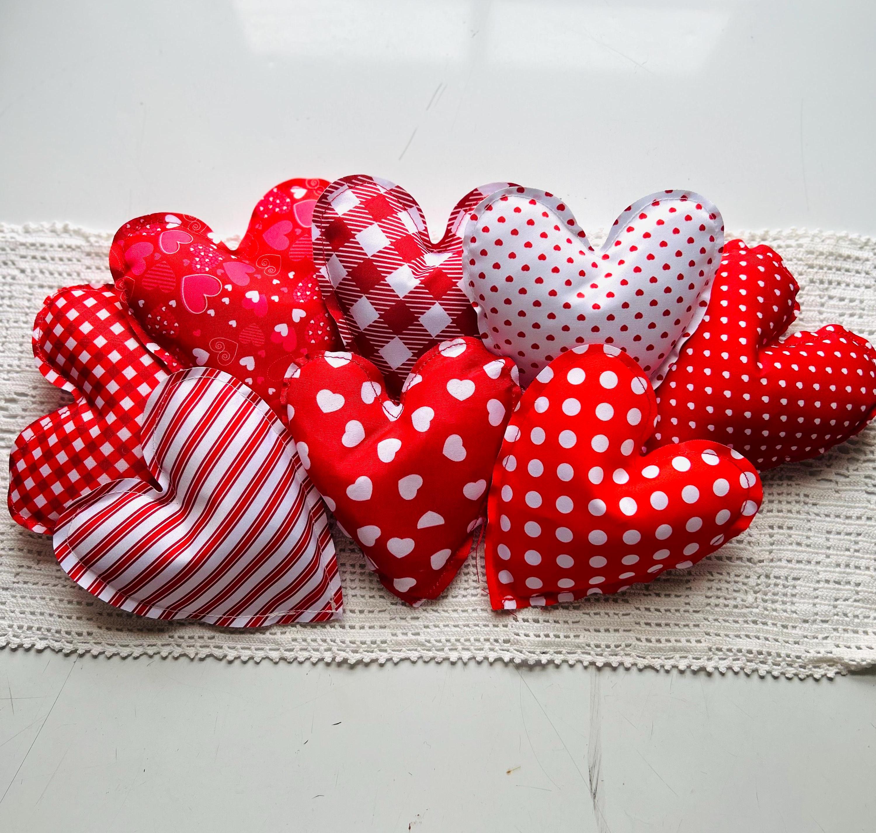 Set of 8 Fabric Hearts  Red & White Valentine Bowl Fillers, Farmhouse Holiday Tiered Tray or Mantel Décor