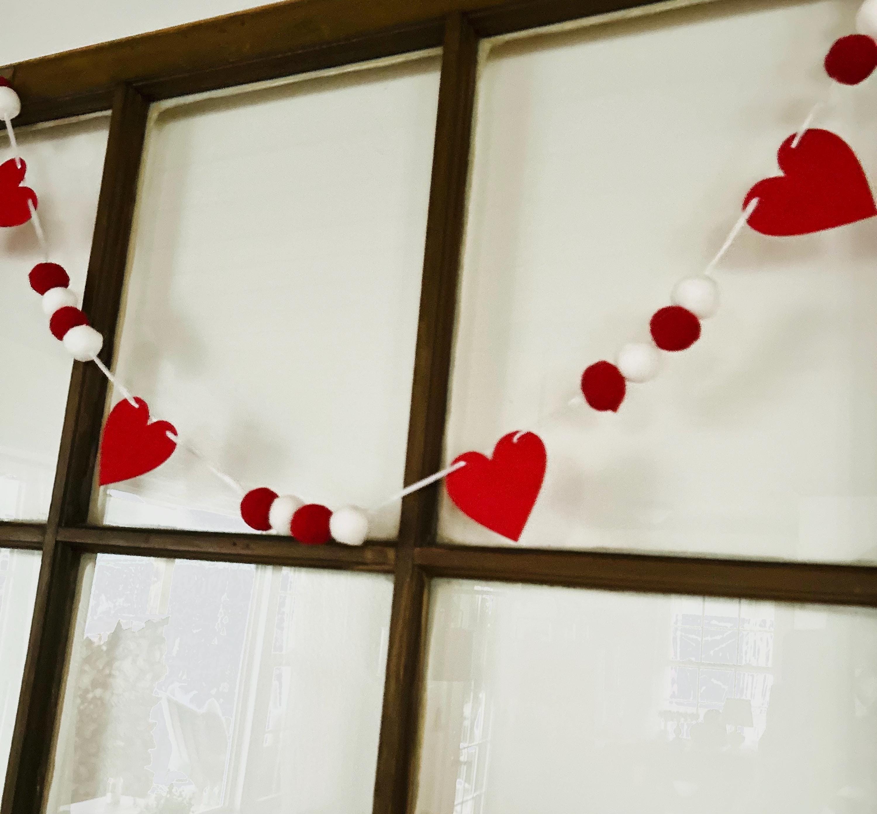Heart Felt Garland, Felt Pom Pom Garland, Valentine Garland, Valentine's Day Decor, Felt Ball Garland, Wedding Decor, Anniversary Decor