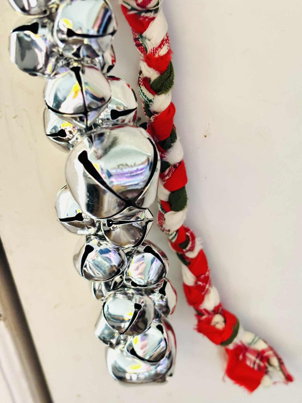 Christmas Jingle Bell Door Hanger, Rustic Braided Fabric, Holiday Decor