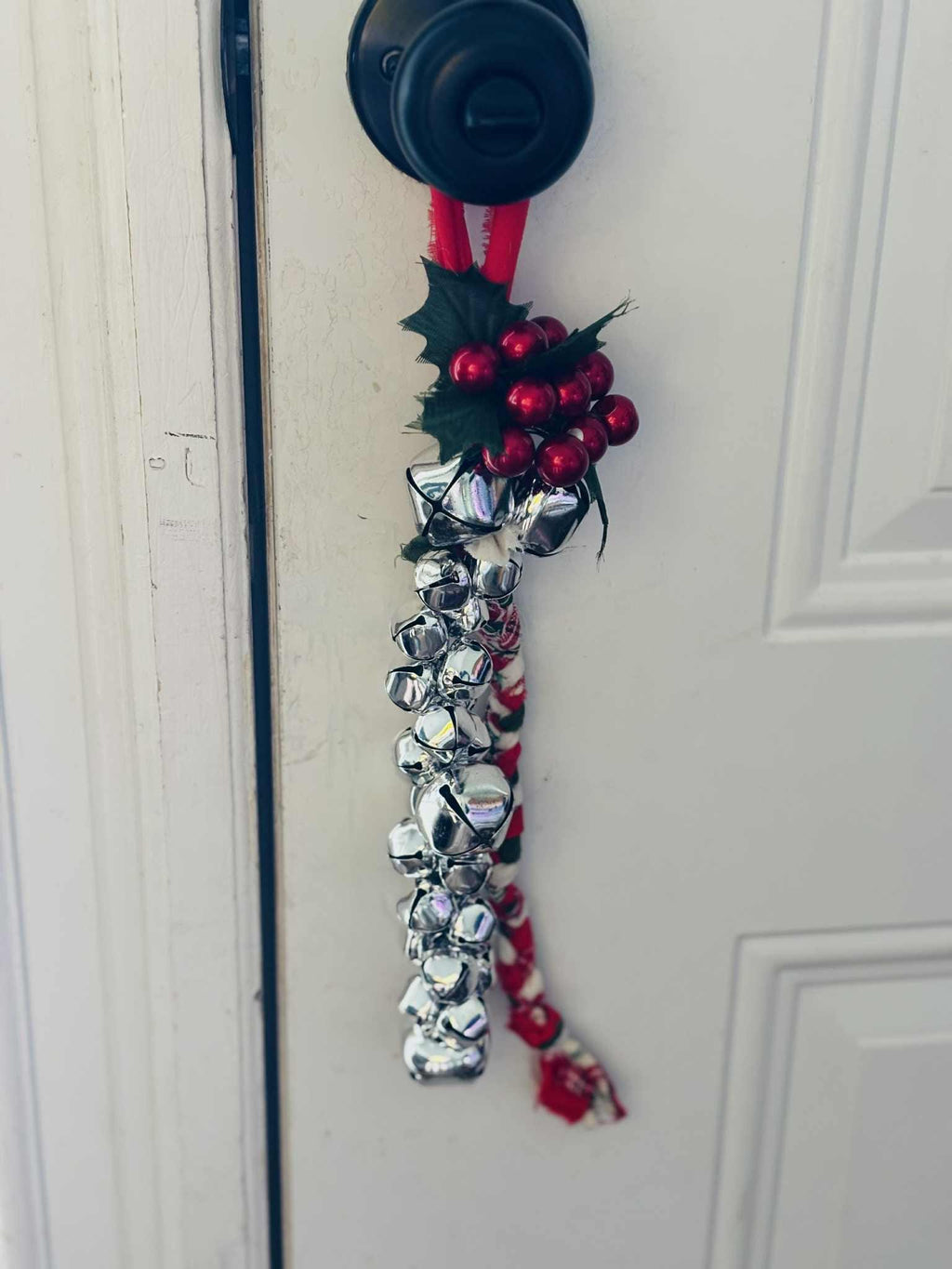 Christmas Jingle Bell Door Hanger, Rustic Braided Fabric, Holiday Decor