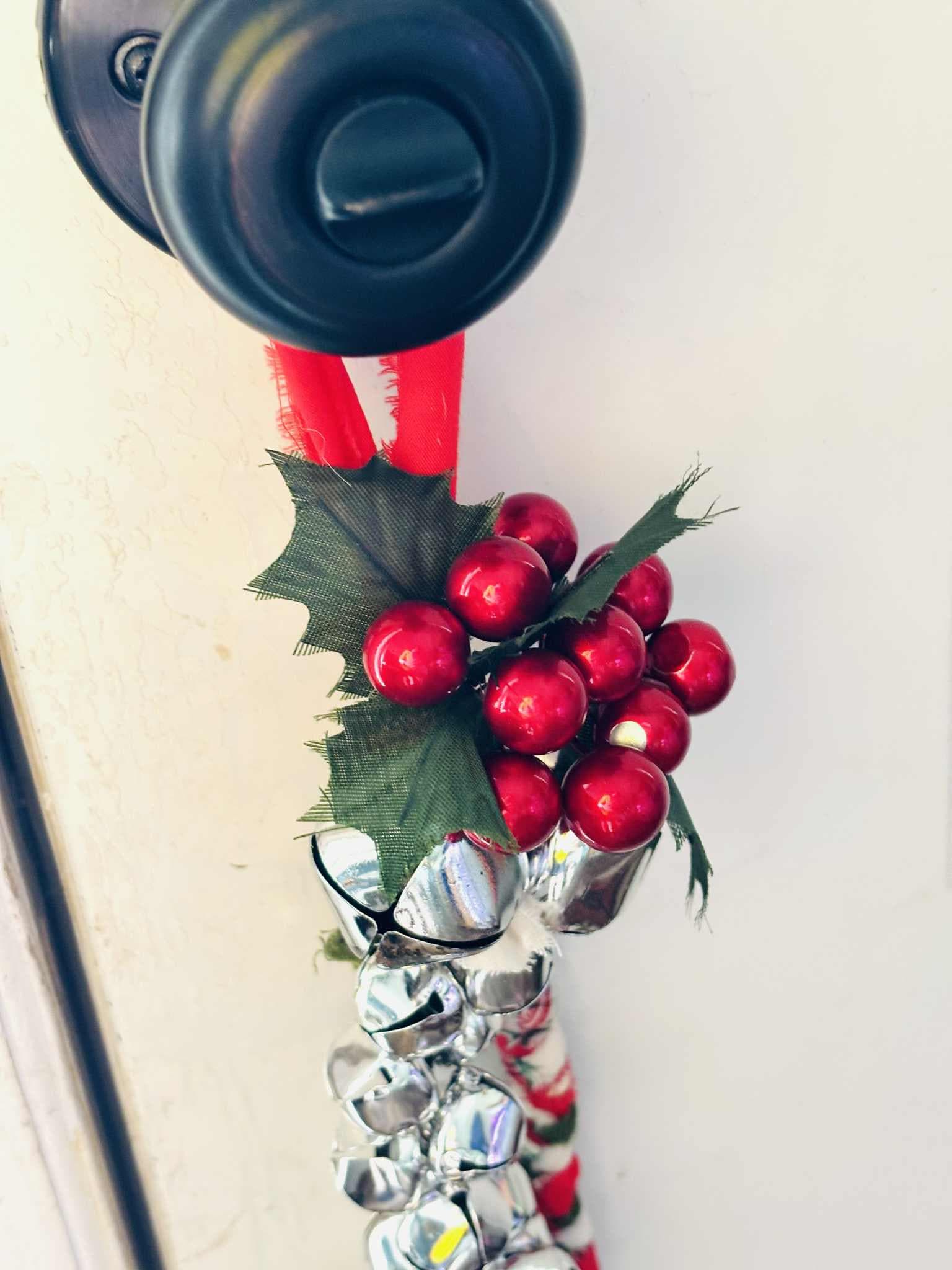 Christmas Jingle Bell Door Hanger, Rustic Braided Fabric, Holiday Decor