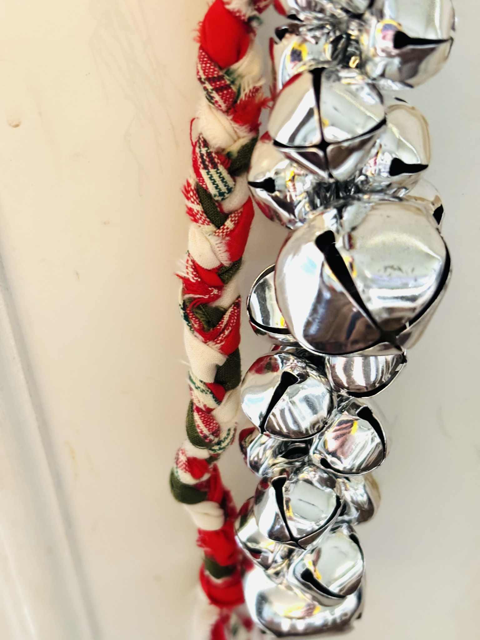 Christmas Jingle Bell Door Hanger, Rustic Braided Fabric, Holiday Decor