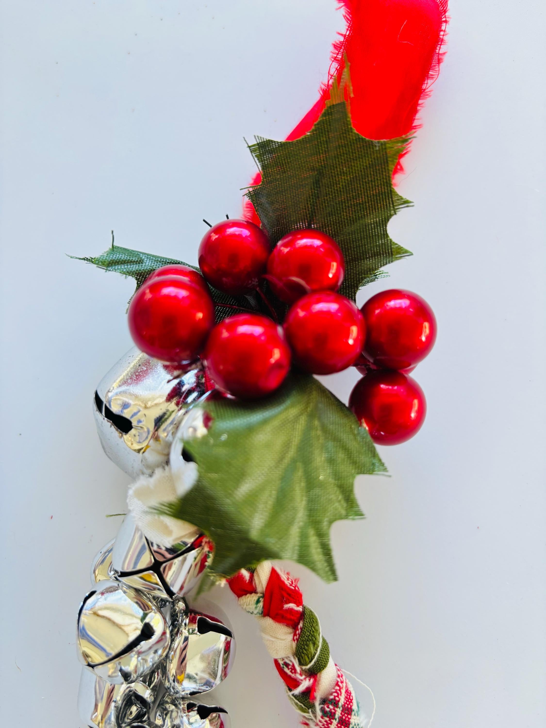 Christmas Jingle Bell Door Hanger, Rustic Braided Fabric, Holiday Decor