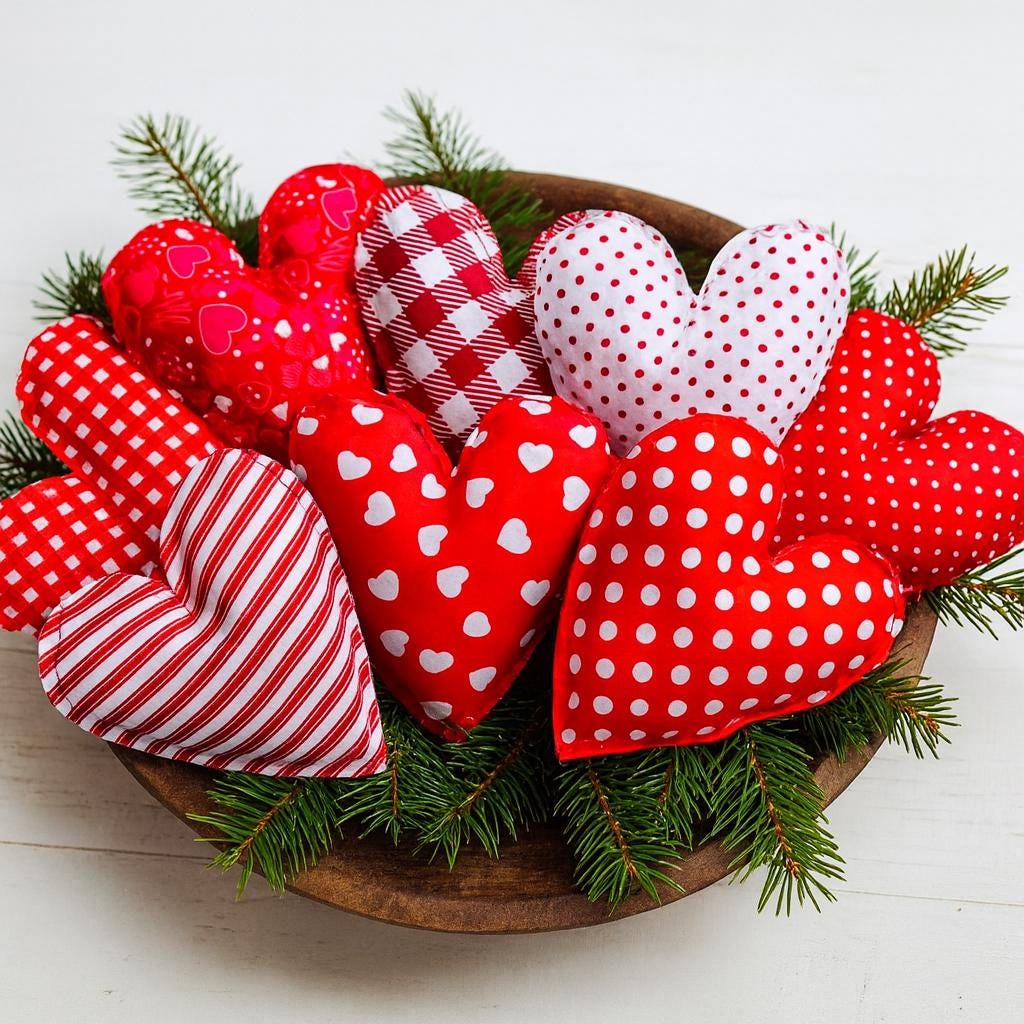 Set of 8 Fabric Hearts  Red & White Valentine Bowl Fillers, Farmhouse Holiday Tiered Tray or Mantel Décor