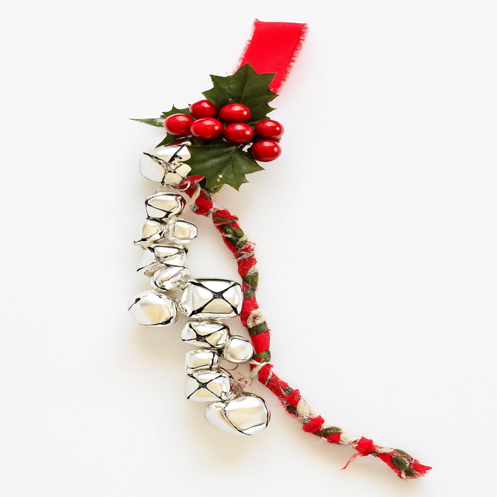 Christmas Jingle Bell Door Hanger, Rustic Braided Fabric, Holiday Decor