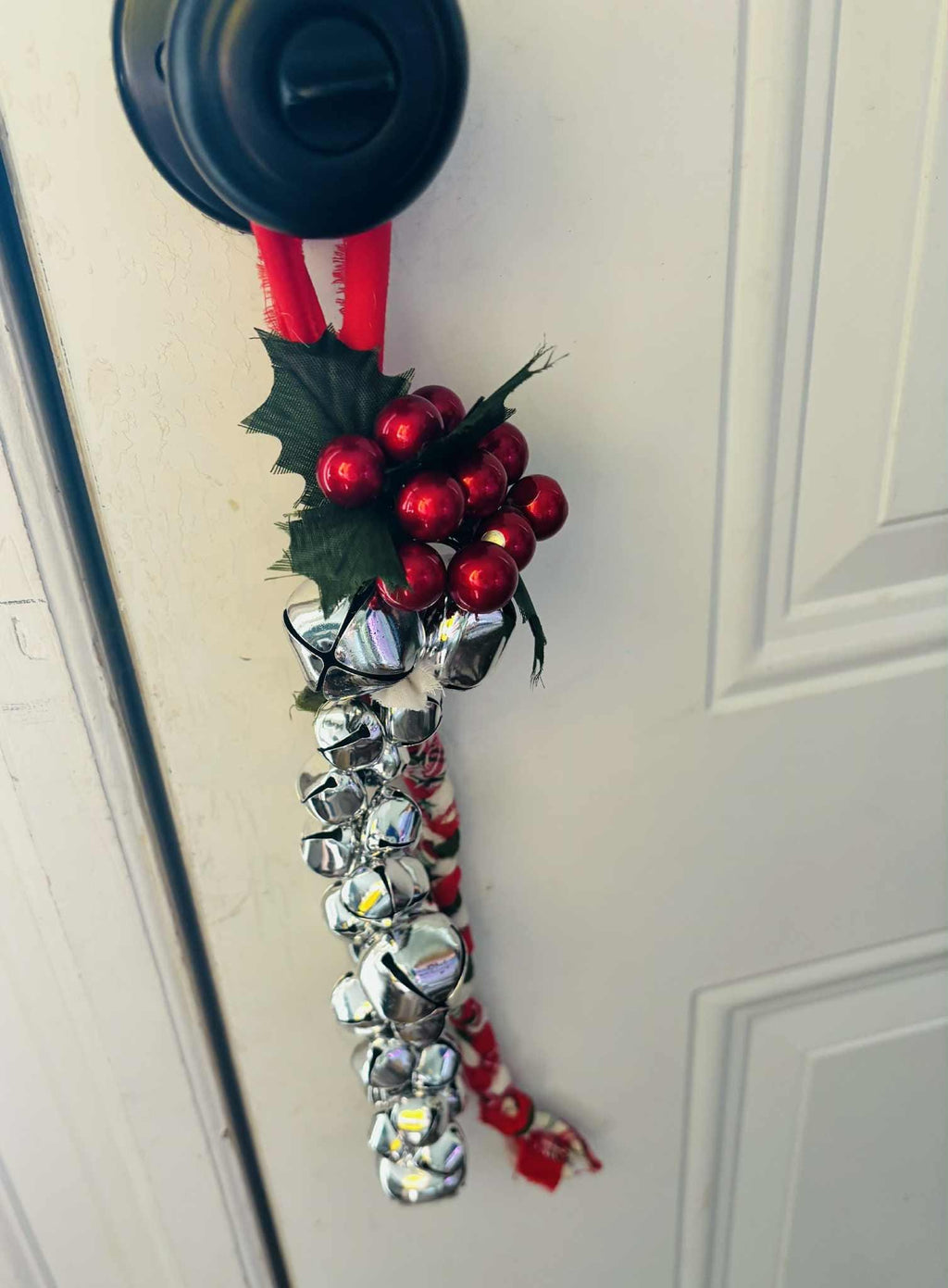 Christmas Jingle Bell Door Hanger, Rustic Braided Fabric, Holiday Decor