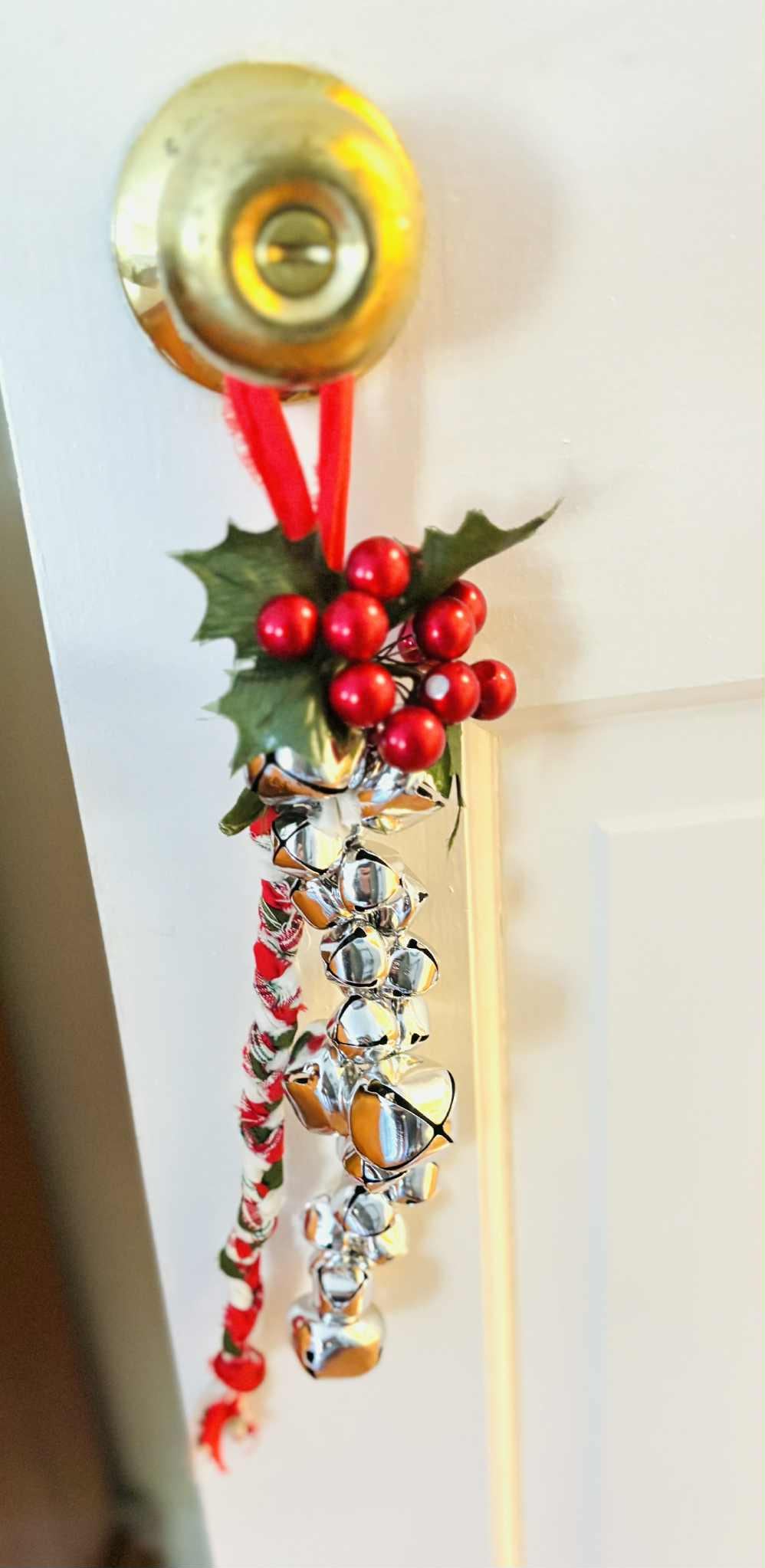 Christmas Jingle Bell Door Hanger, Rustic Braided Fabric, Holiday Decor