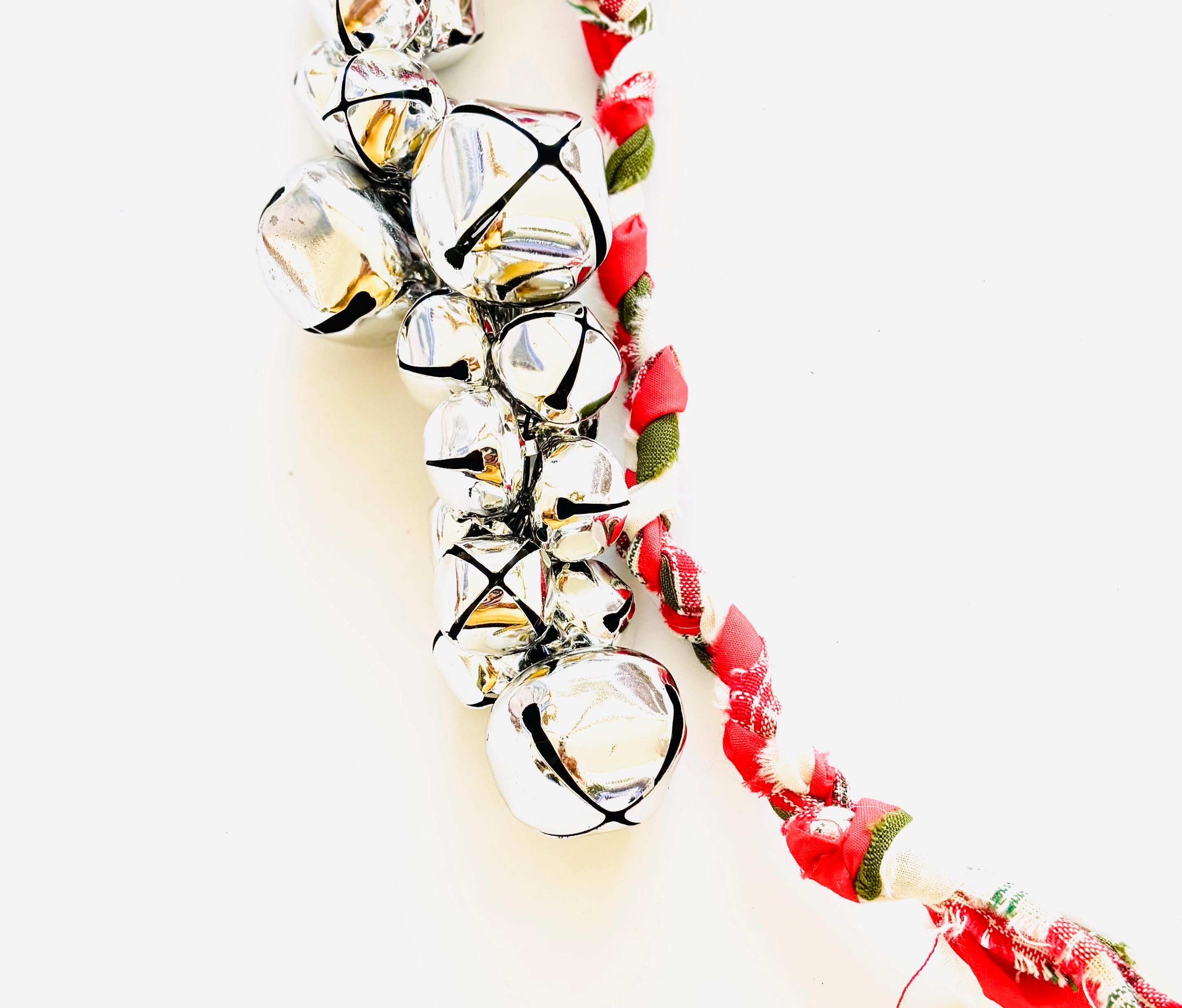 Christmas Jingle Bell Door Hanger, Rustic Braided Fabric, Holiday Decor