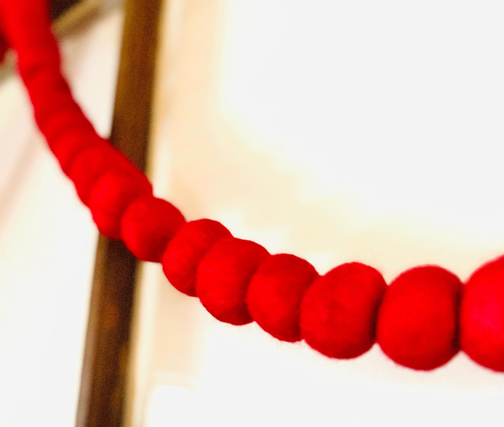 Red Wool Felt Pom Pom Garland 6ft  Handmade Holiday Decor, Valentine Garland
