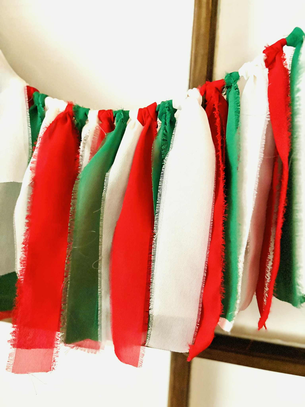 Christmas Chiffon Ribbon Garland, Farmhouse Christmas Mantel Decor, Red White Green Swag