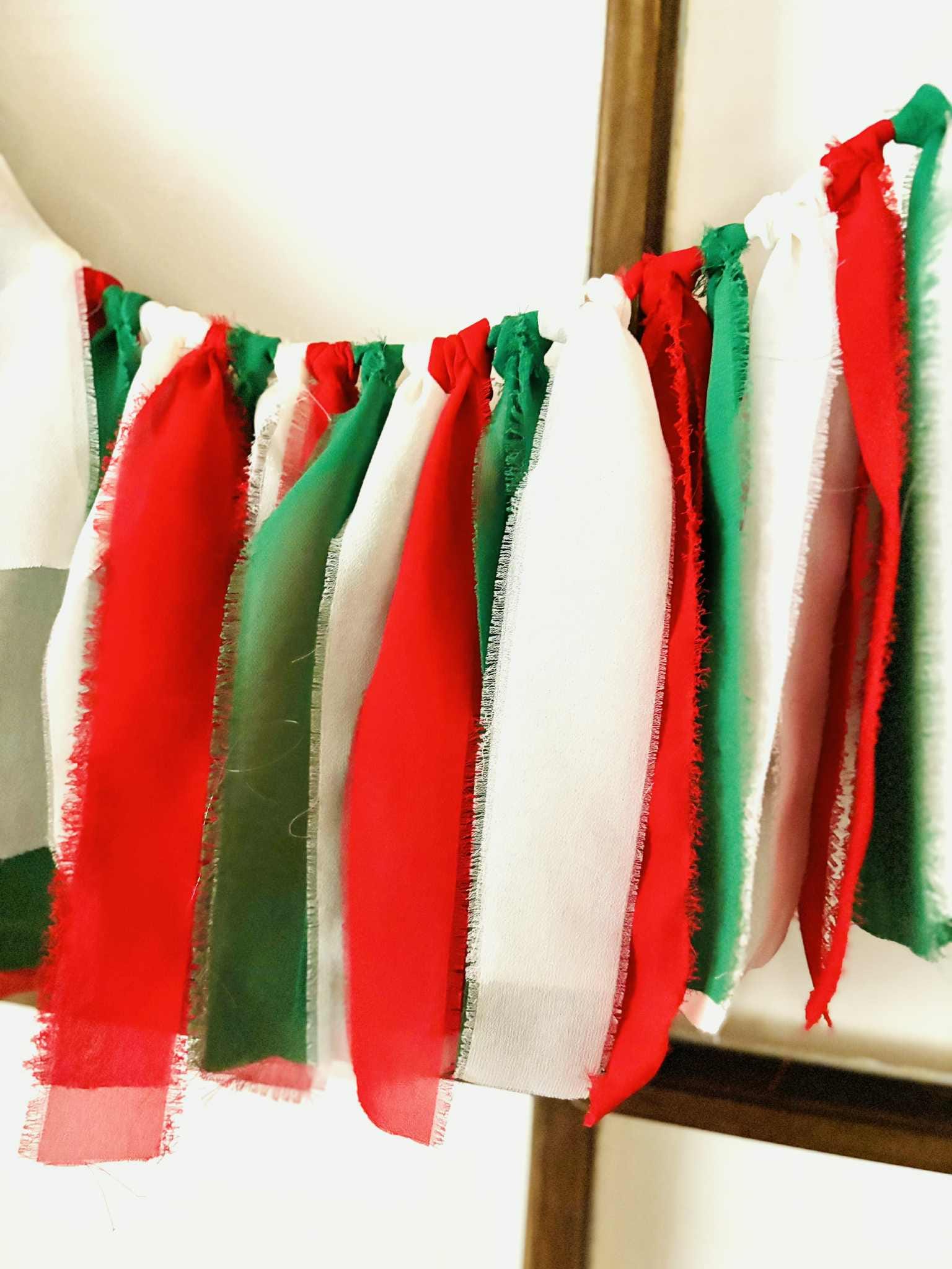 Christmas Chiffon Ribbon Garland, Farmhouse Christmas Mantel Decor, Red White Green Swag