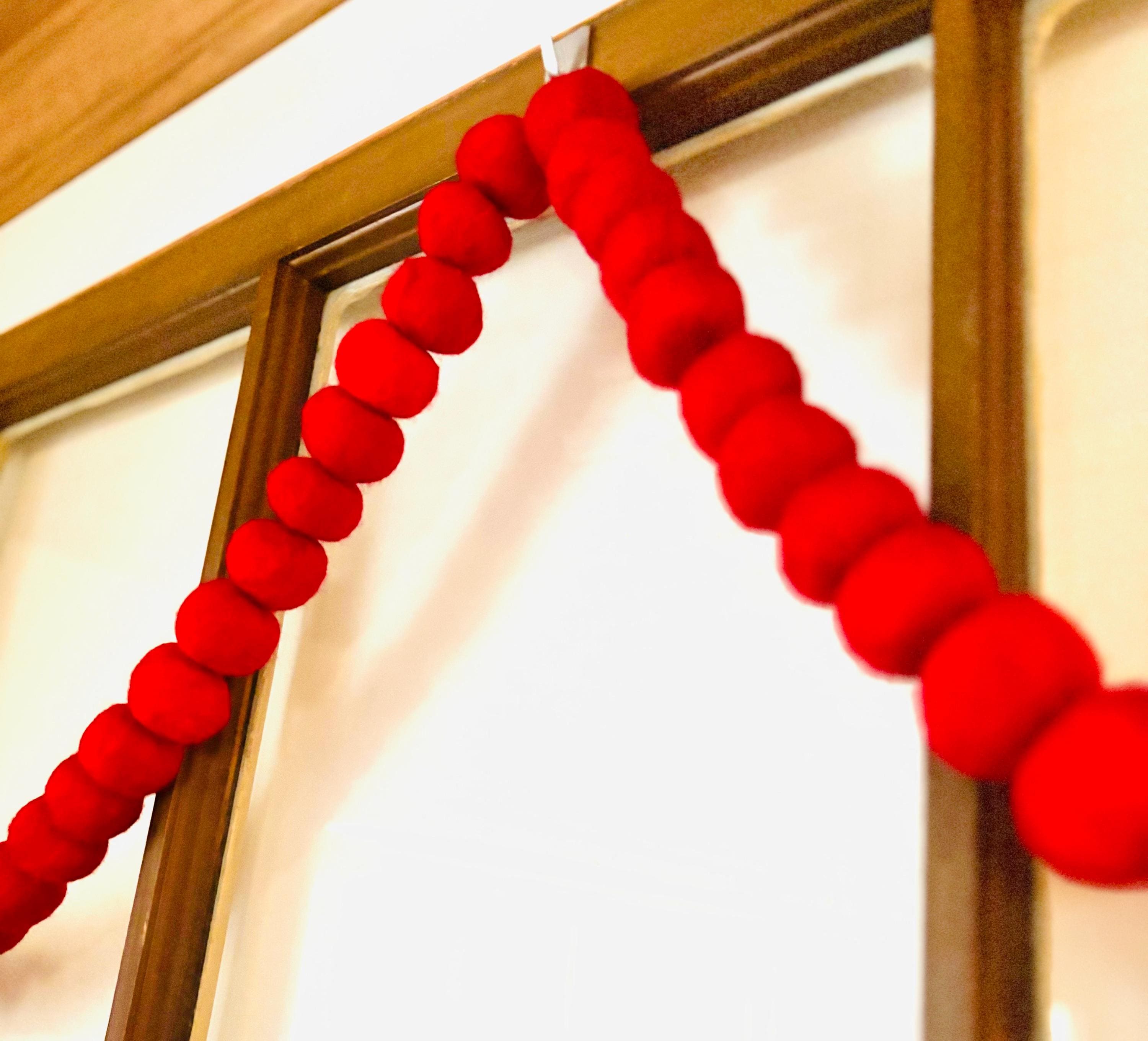 Red Wool Felt Pom Pom Garland 6ft  Handmade Holiday Decor, Valentine Garland