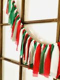 Christmas Chiffon Ribbon Garland, Farmhouse Christmas Mantel Decor, Red White Green Swag