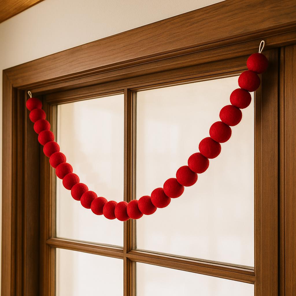 Red Wool Felt Pom Pom Garland 6ft  Handmade Holiday Decor, Valentine Garland