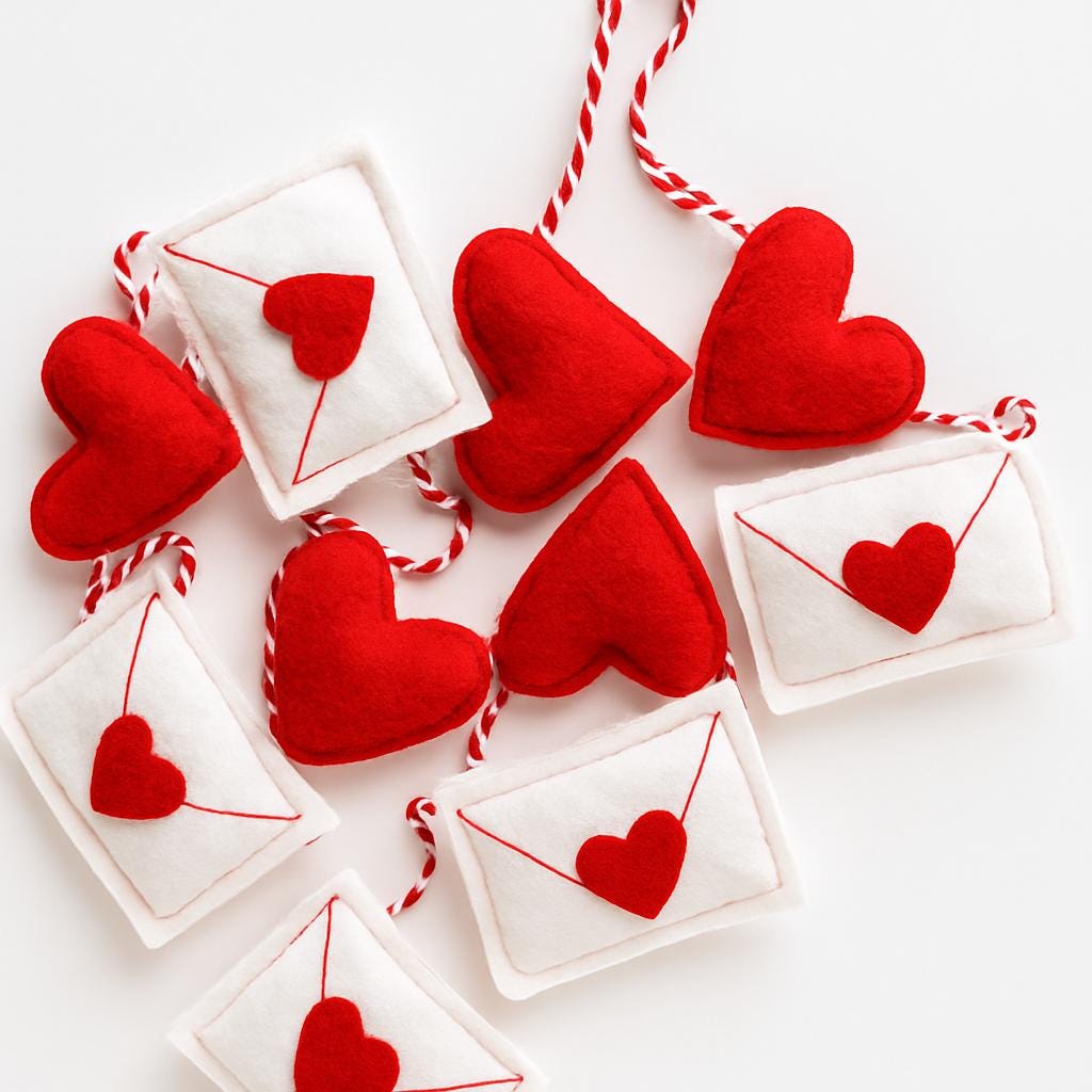 Felt Heart and Love Letter Garland, Valentines Day Decor, Handmade Red & White Felt Banner