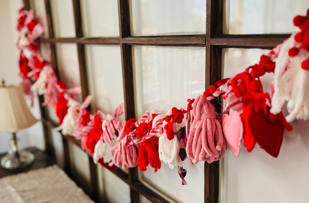 Valentine Garland 90 Inch | Red & Pink Chenille Tassel Garland | Handmade Valentine Mantel Decor | Fabric Heart Garland
