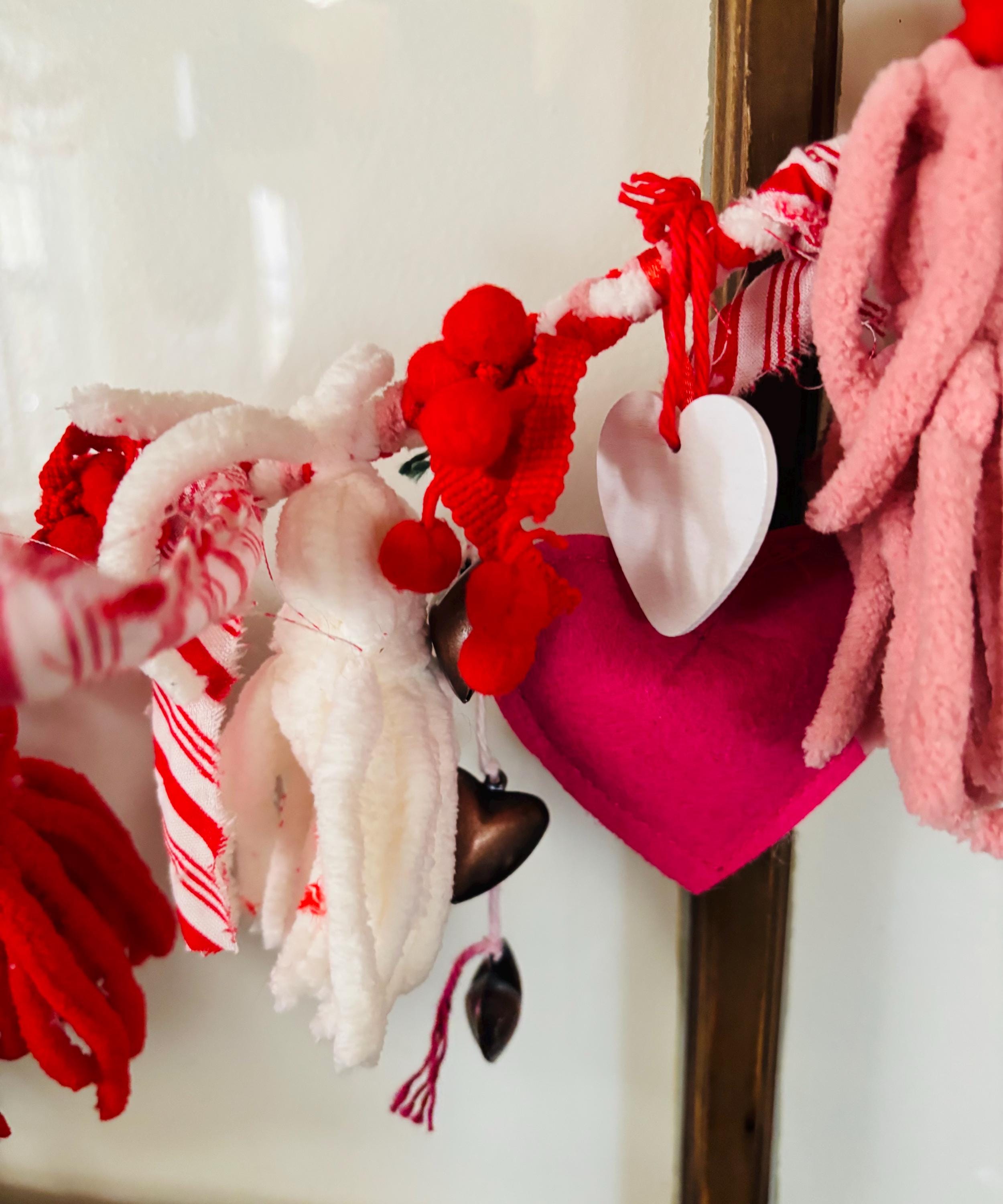 Valentine Garland 90 Inch | Red & Pink Chenille Tassel Garland | Handmade Valentine Mantel Decor | Fabric Heart Garland