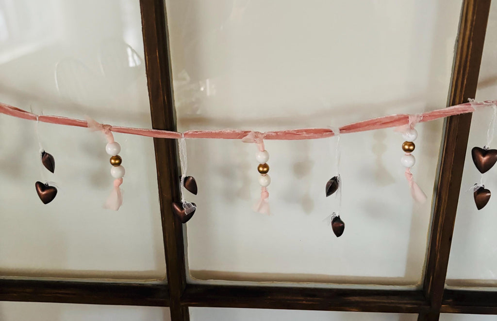 Valentine Garland 50 Inch | Pink Ribbon Bead Garland with Bronze Hearts | Romantic Mantel Decor | Handmade Valentine Banner