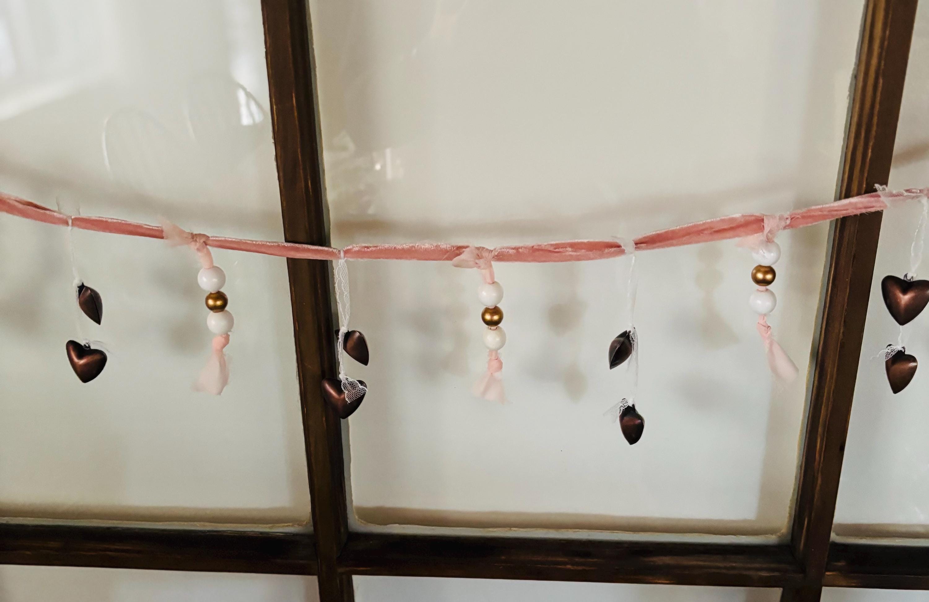 Valentine Garland 50 Inch | Pink Ribbon Bead Garland with Bronze Hearts | Romantic Mantel Decor | Handmade Valentine Banner