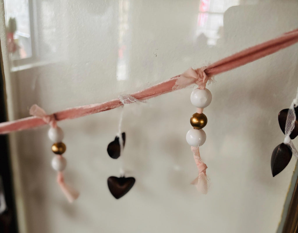 Valentine Garland 50 Inch | Pink Ribbon Bead Garland with Bronze Hearts | Romantic Mantel Decor | Handmade Valentine Banner