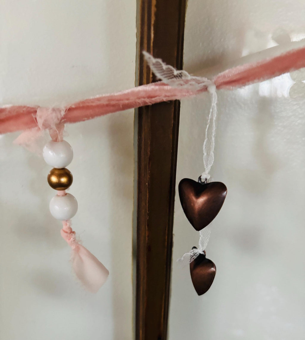Valentine Garland 50 Inch | Pink Ribbon Bead Garland with Bronze Hearts | Romantic Mantel Decor | Handmade Valentine Banner