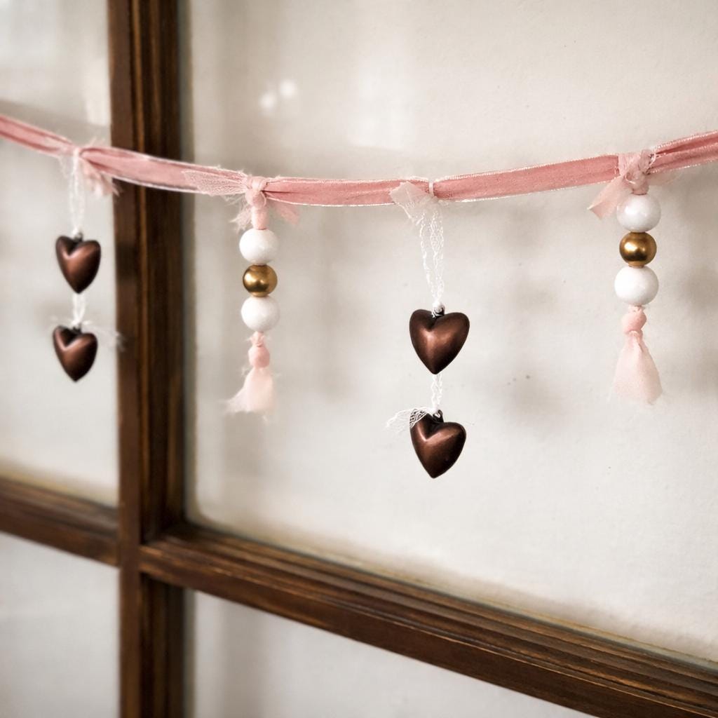 Valentine Garland 50 Inch | Pink Ribbon Bead Garland with Bronze Hearts | Romantic Mantel Decor | Handmade Valentine Banner