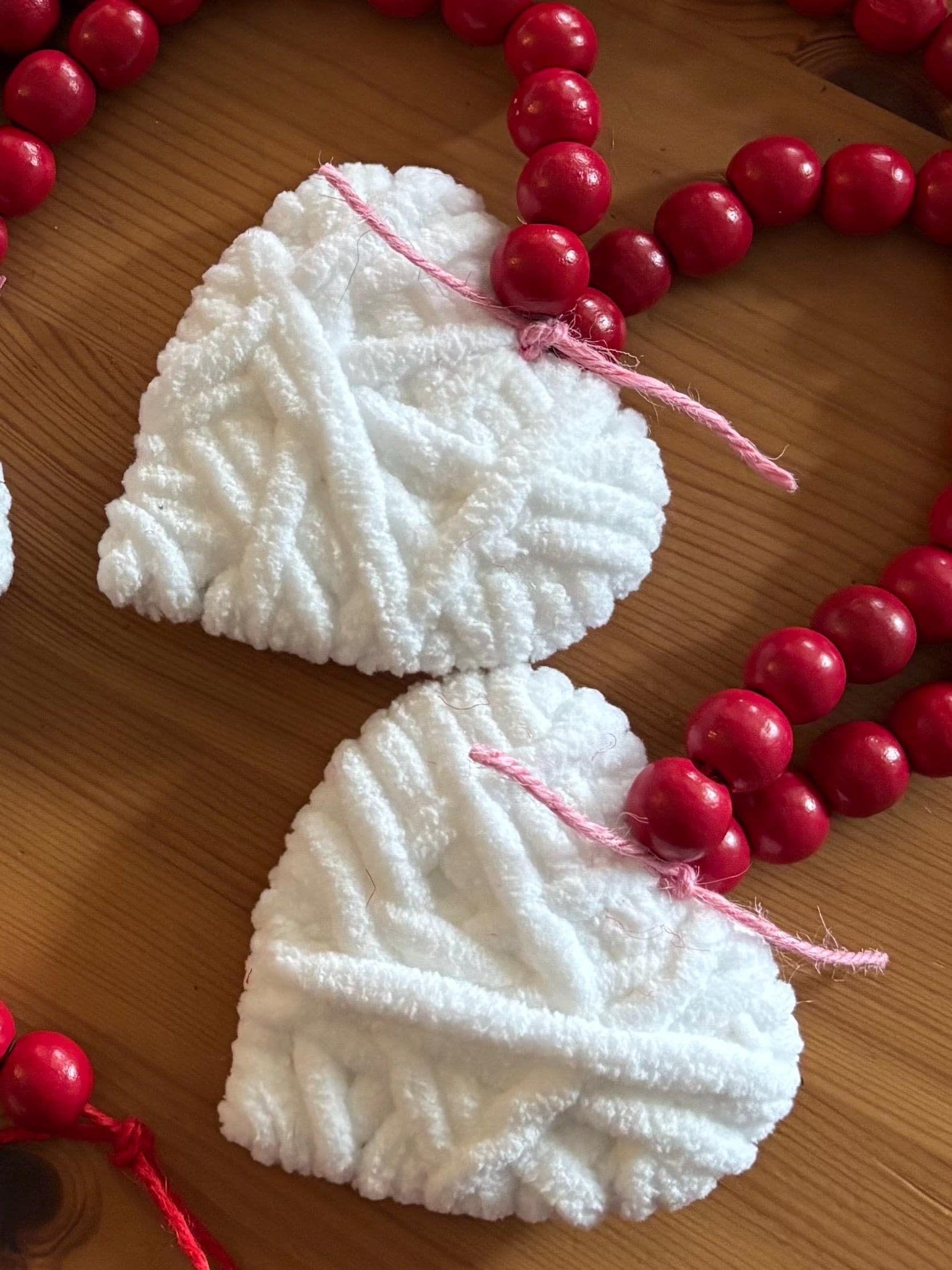 White Heart Bead Garland  Valentine Decor, Farmhouse Tiered Tray, Handmade Yarn Heart Garland, Wood Bead Garland