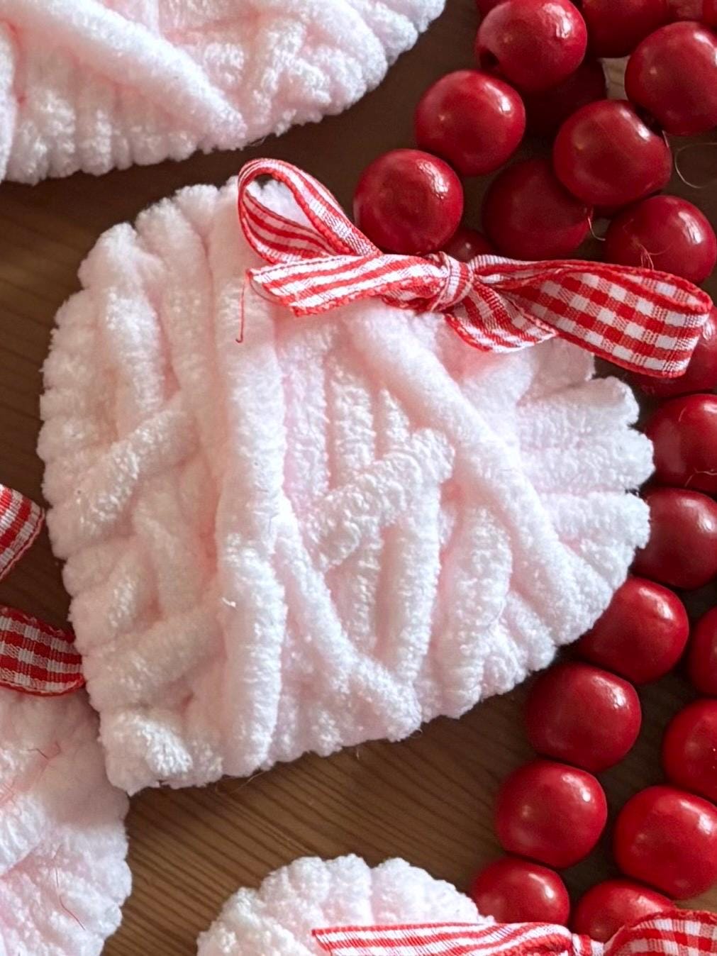 Pink Heart Bead Garland  Valentine Decor, Farmhouse Tiered Tray, Handmade Yarn Heart Garland, Wood Bead Garland