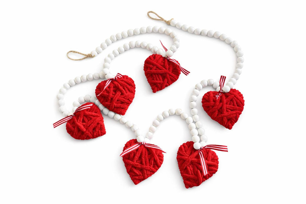 Red Heart Bead Garland  Valentine Decor, Farmhouse Tiered Tray, Handmade Yarn Heart Garland